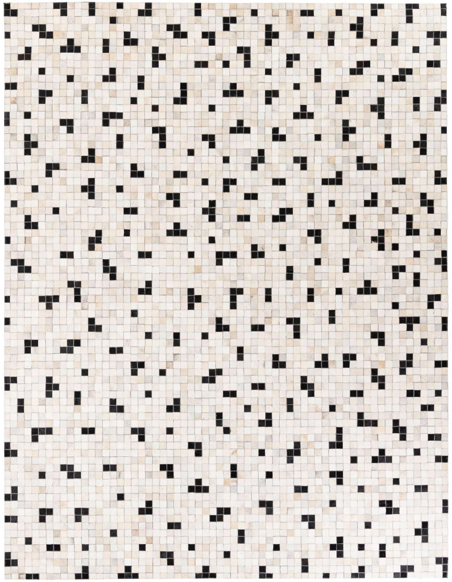 A rectangular 8x10 modern cowhide rug featuring a mosaic pattern of small black and off-white squares.