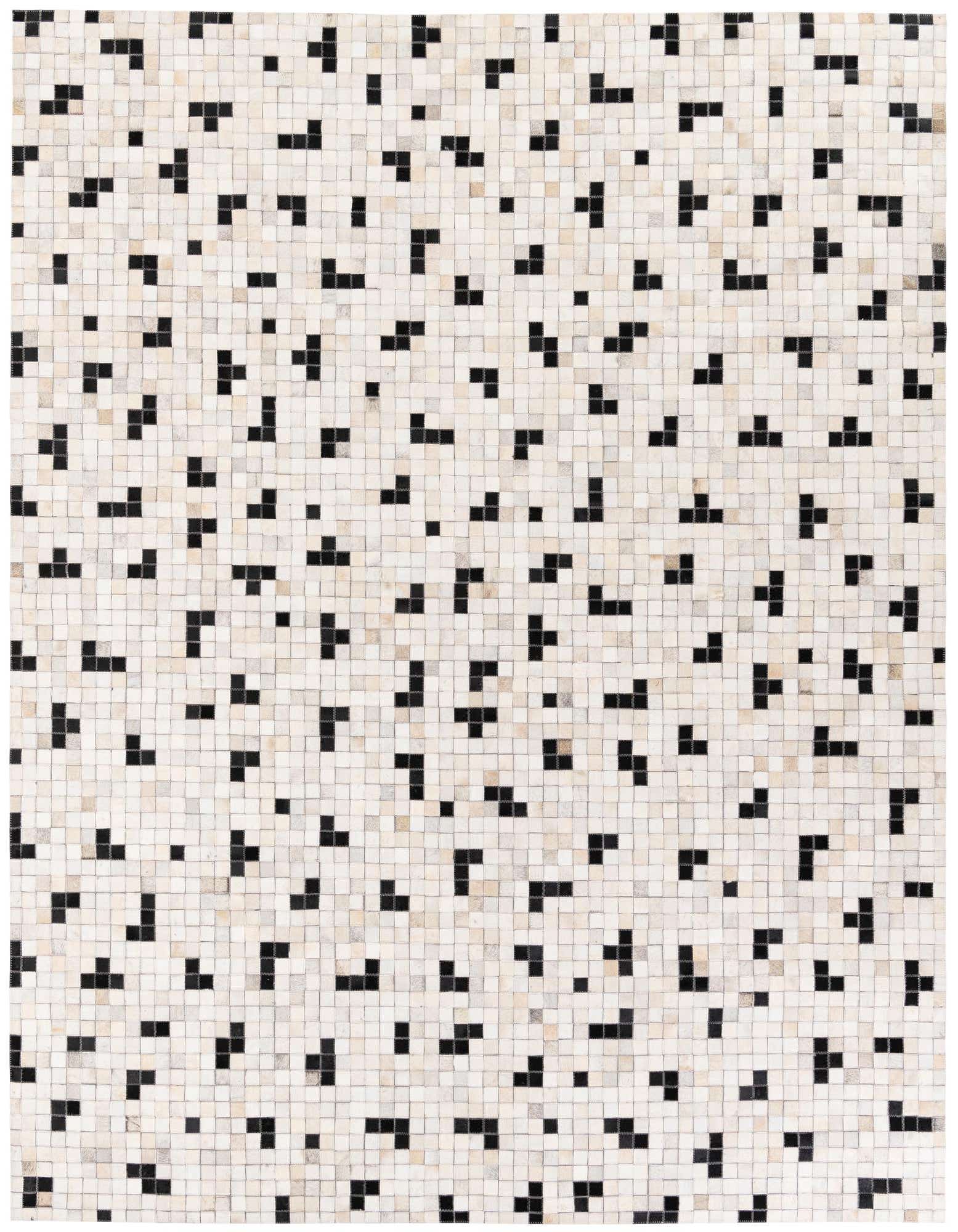 A rectangular 8x10 modern cowhide rug with a mosaic pattern of small black and off-white squares.