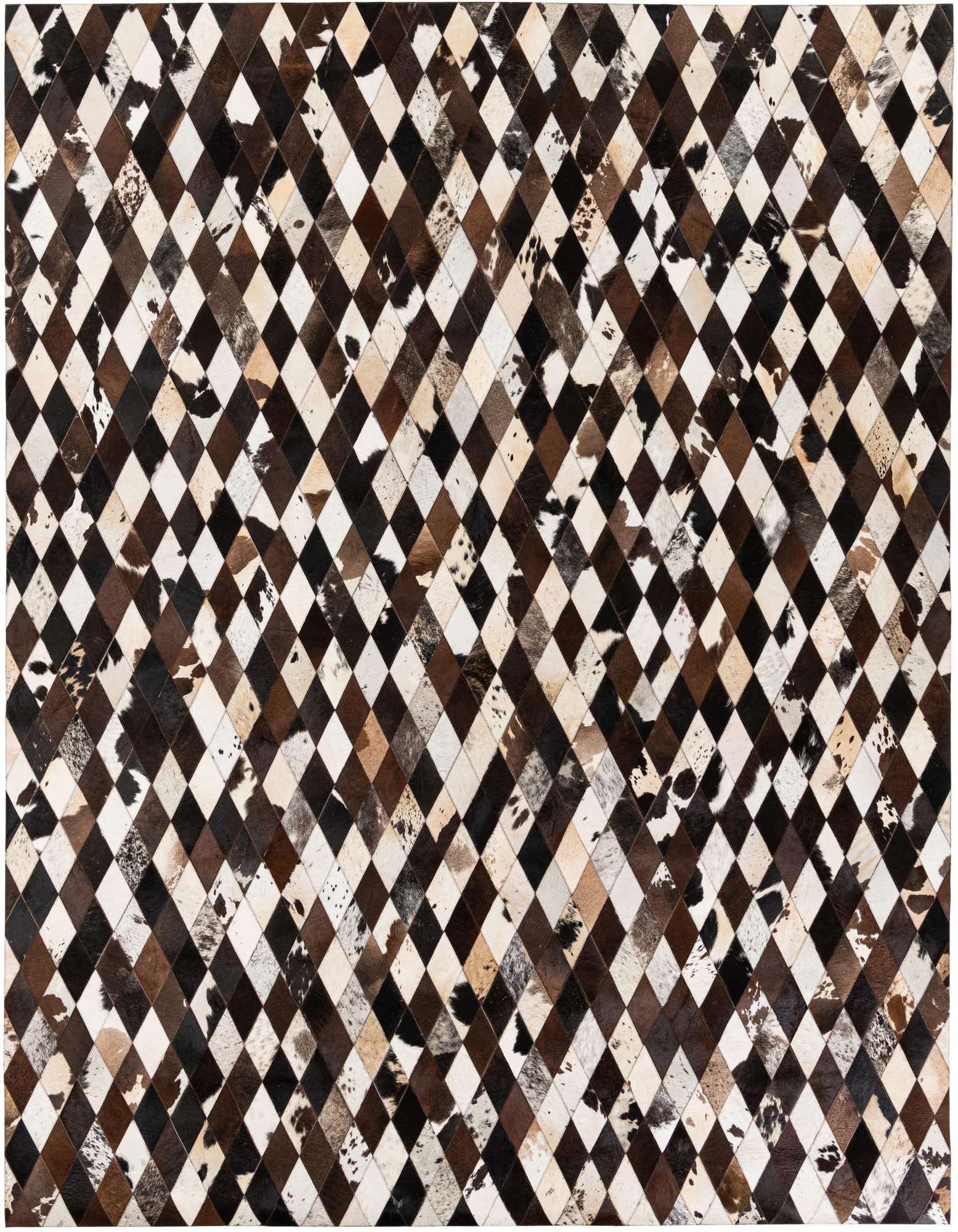 A rectangular 8x10 Cowhide Stocks rug featuring a modern diamond pattern in multi-colored natural cowhide patches.