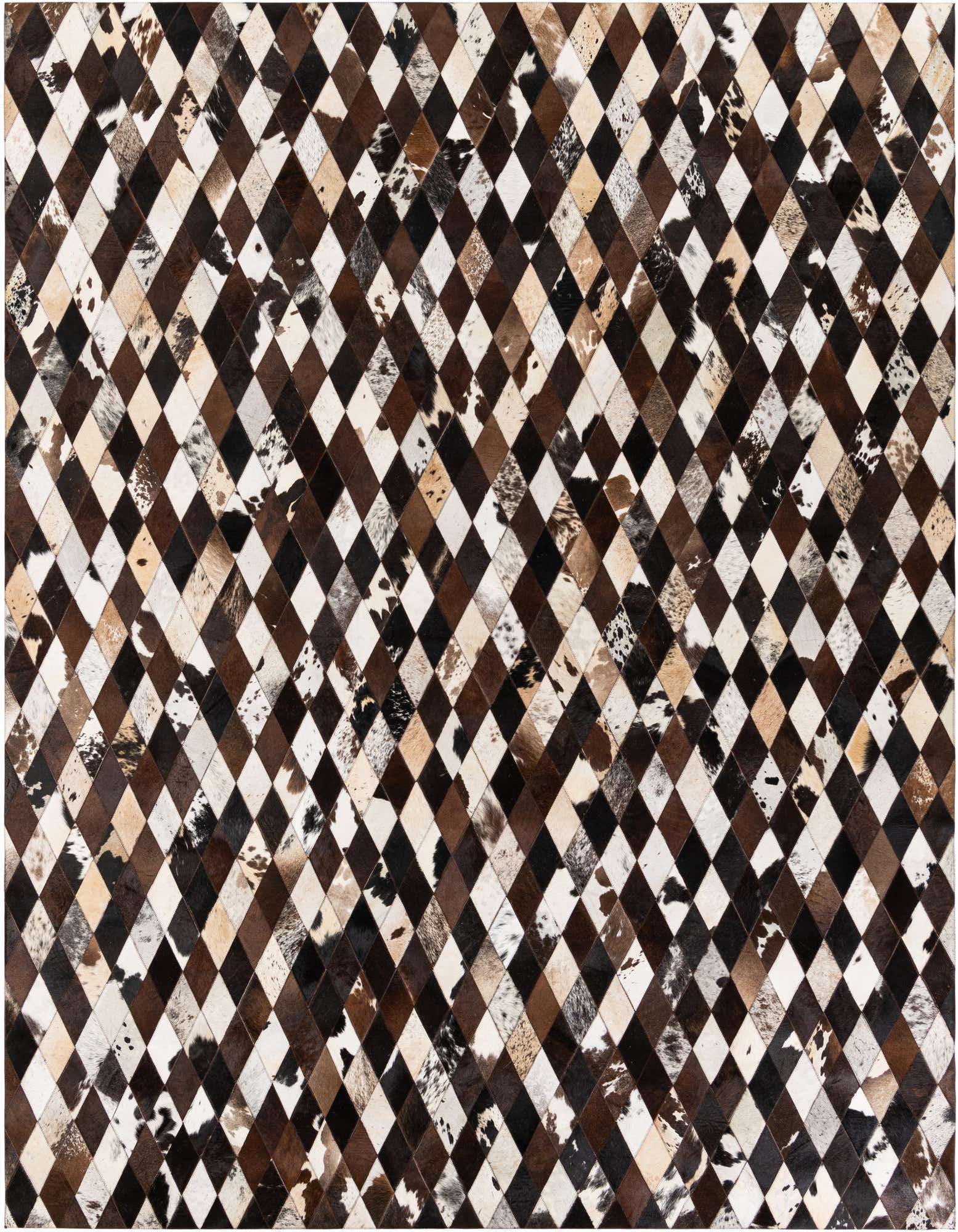 A rectangular 8x10 Cowhide Stocks rug featuring a modern diamond pattern in multi-colored natural cowhide and leather.