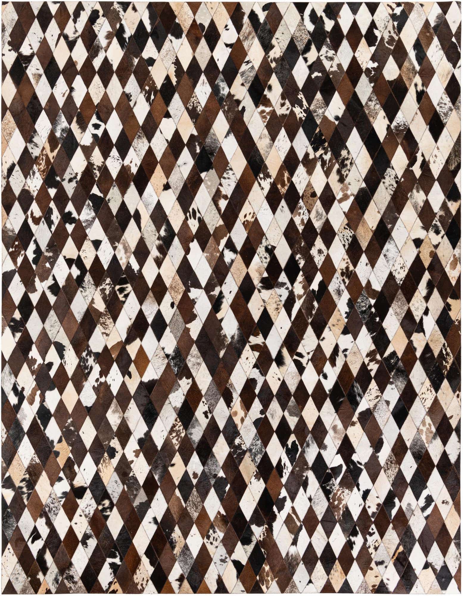 A rectangular 8x10 multi-colored cowhide rug with a modern diamond pattern, featuring shades of brown, black, and white.