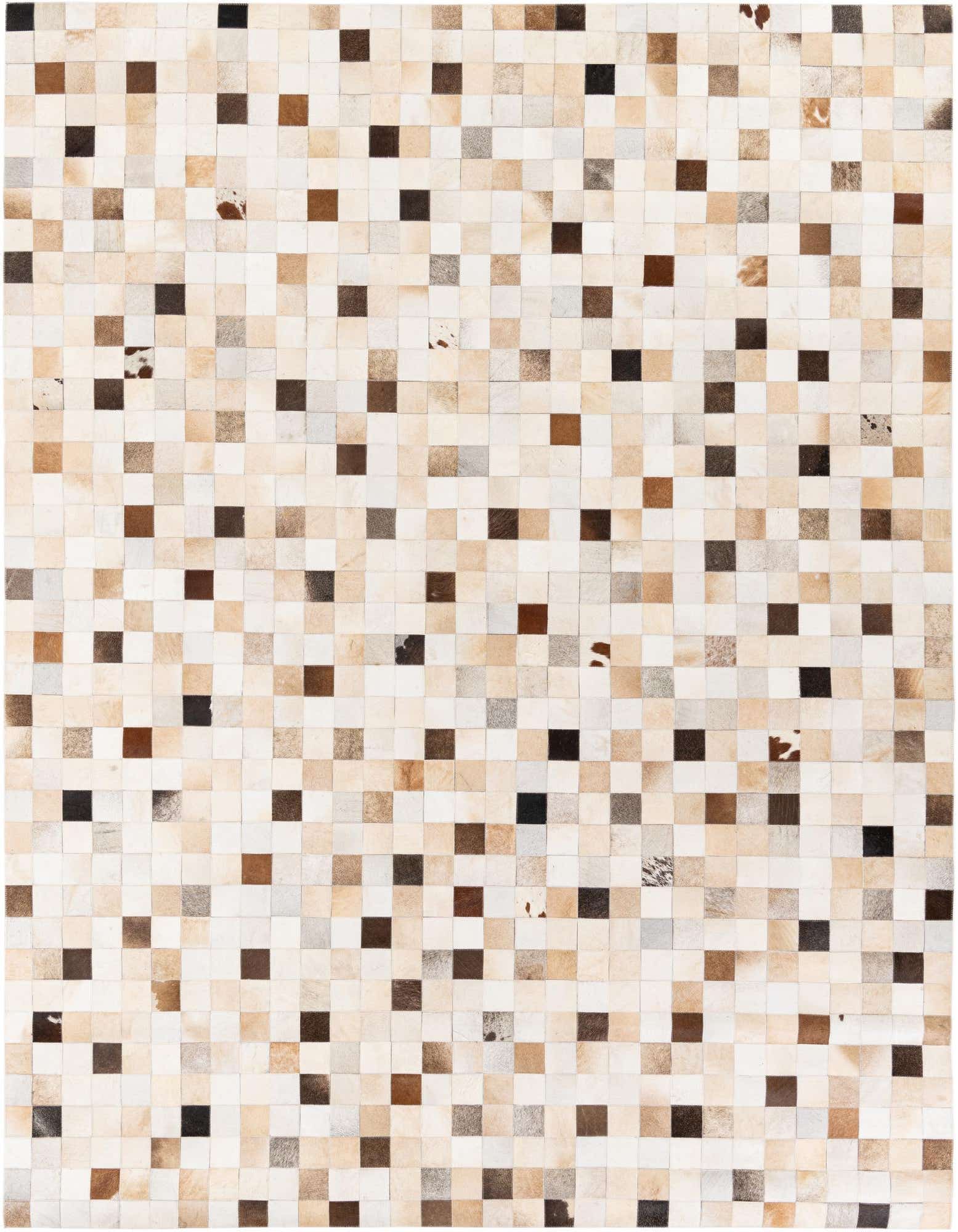 A rectangular 8x10 multi-colored cowhide patchwork rug with a geometric pattern, ideal for a living room.