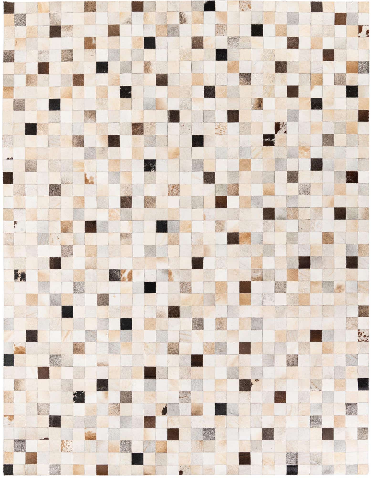 A rectangular 8x10 multi-colored cowhide rug featuring a modern patchwork design with squares of varying natural shades.