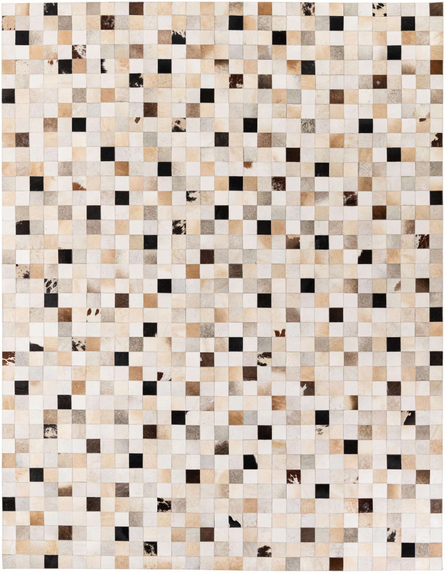 A rectangular 8x10 multi-colored modern cowhide rug with a patchwork of natural brown, black, white, and beige squares.