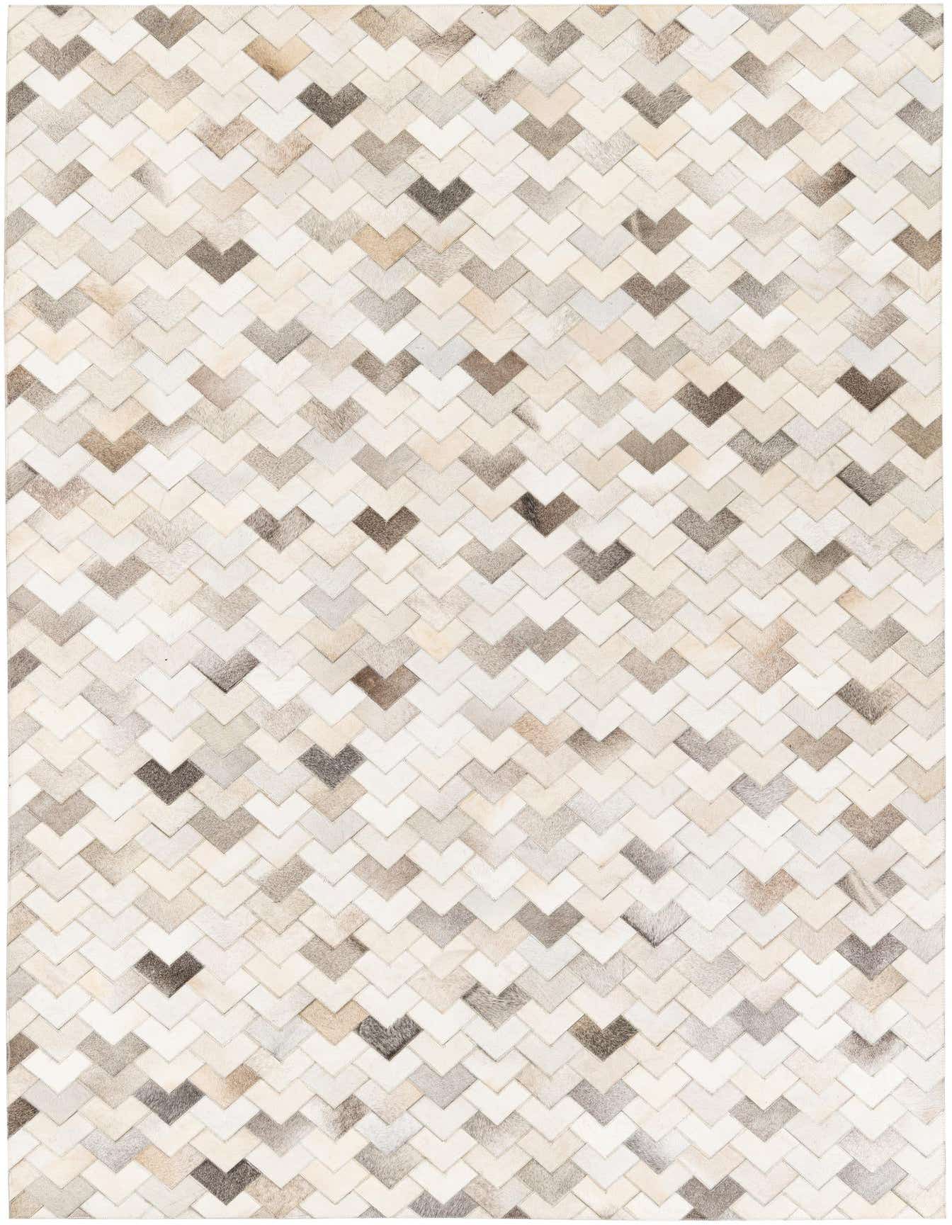 A rectangular 6x9 Cowhide Stocks rug featuring a modern chevron pattern in various shades of multi-colored cowhide and leather.