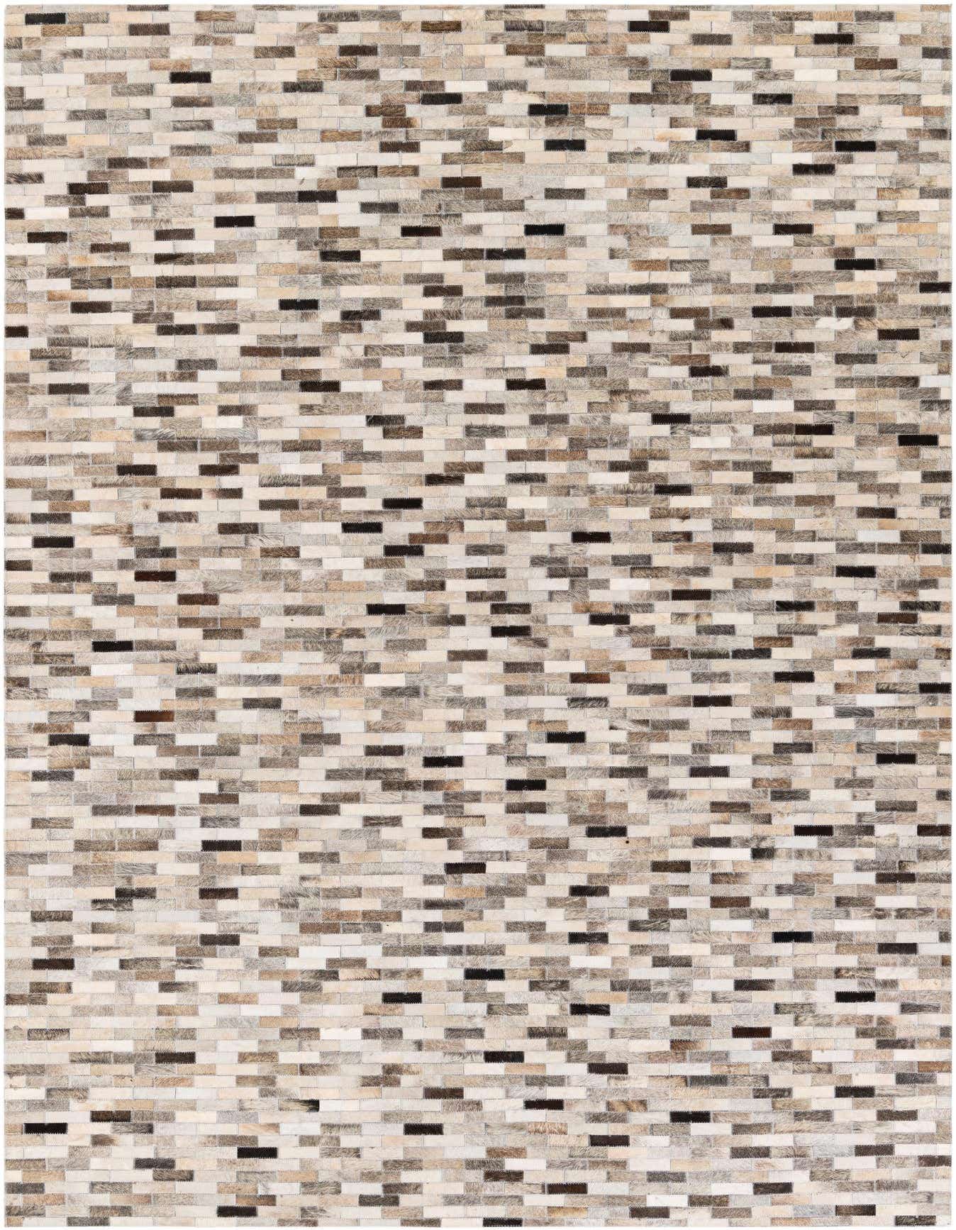 A rectangular 6x9 Cowhide Stocks rug featuring a modern stripe pattern in multi-colored natural cowhide and leather.