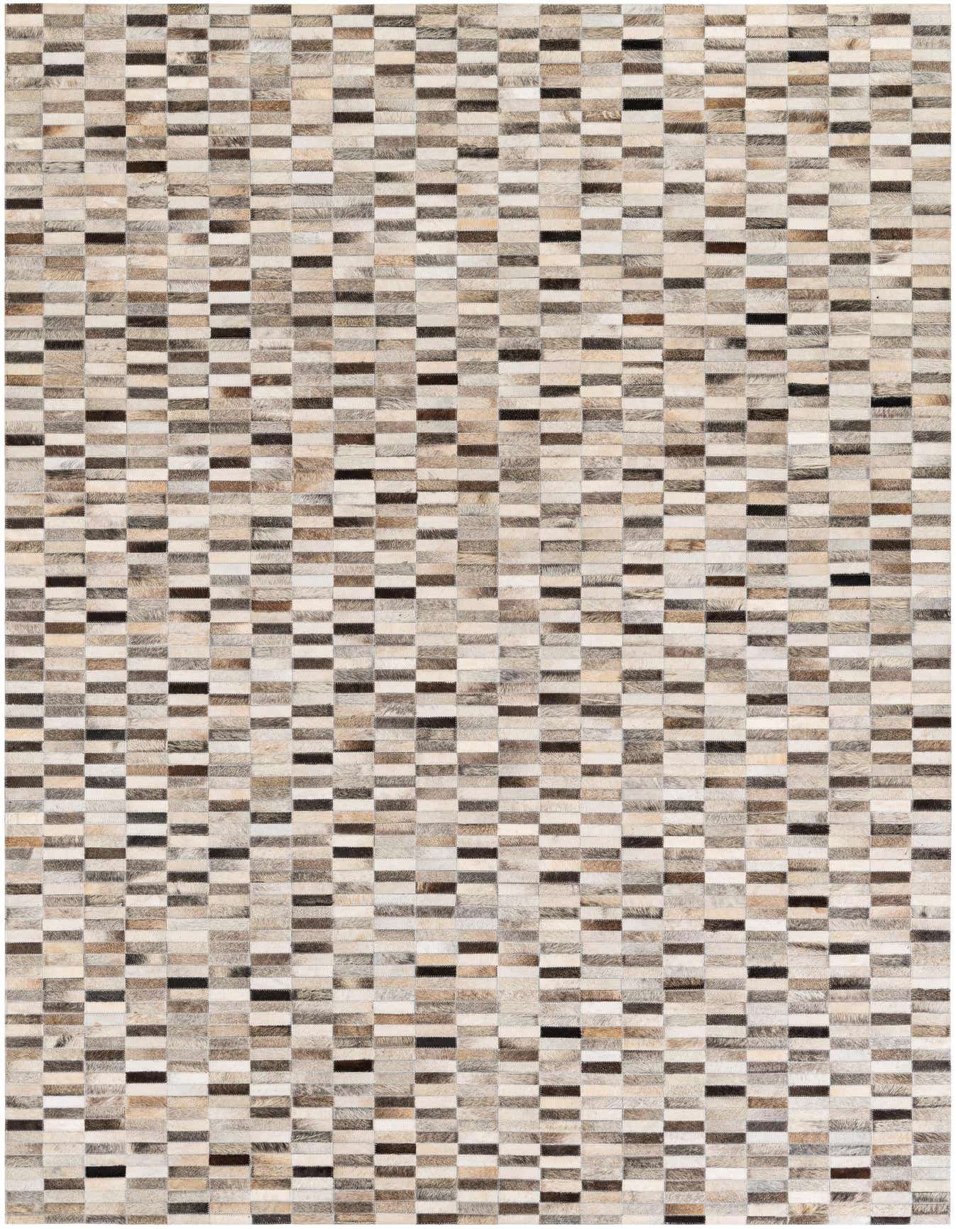 A rectangular 6x9 modern Cowhide Stocks rug from Rugs.com with a multi-colored patchwork pattern, ideal for a living room.