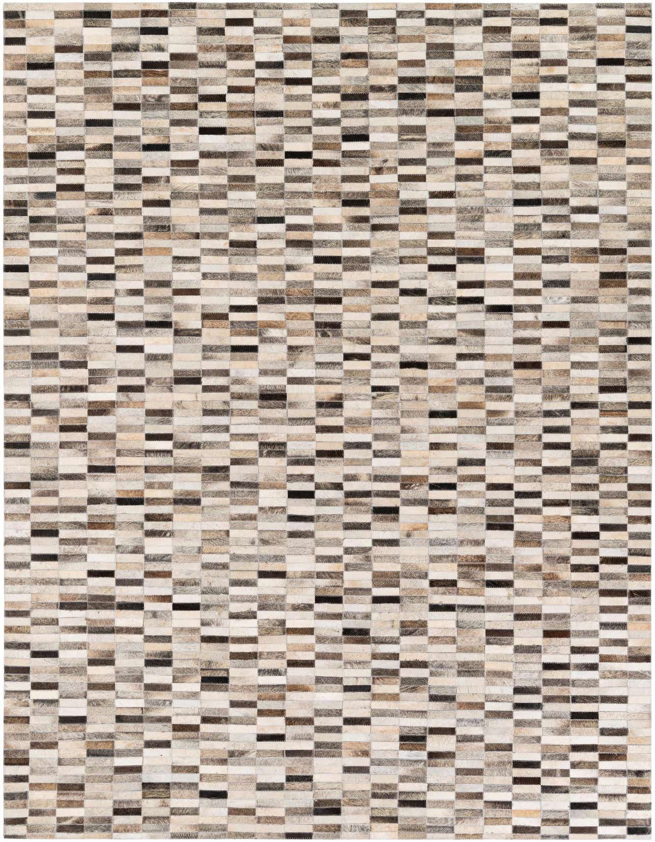 A 6x9 rectangular Cowhide Stocks rug by Rugs.com, featuring a modern stripe pattern in multi-colored cowhide and leather patches.