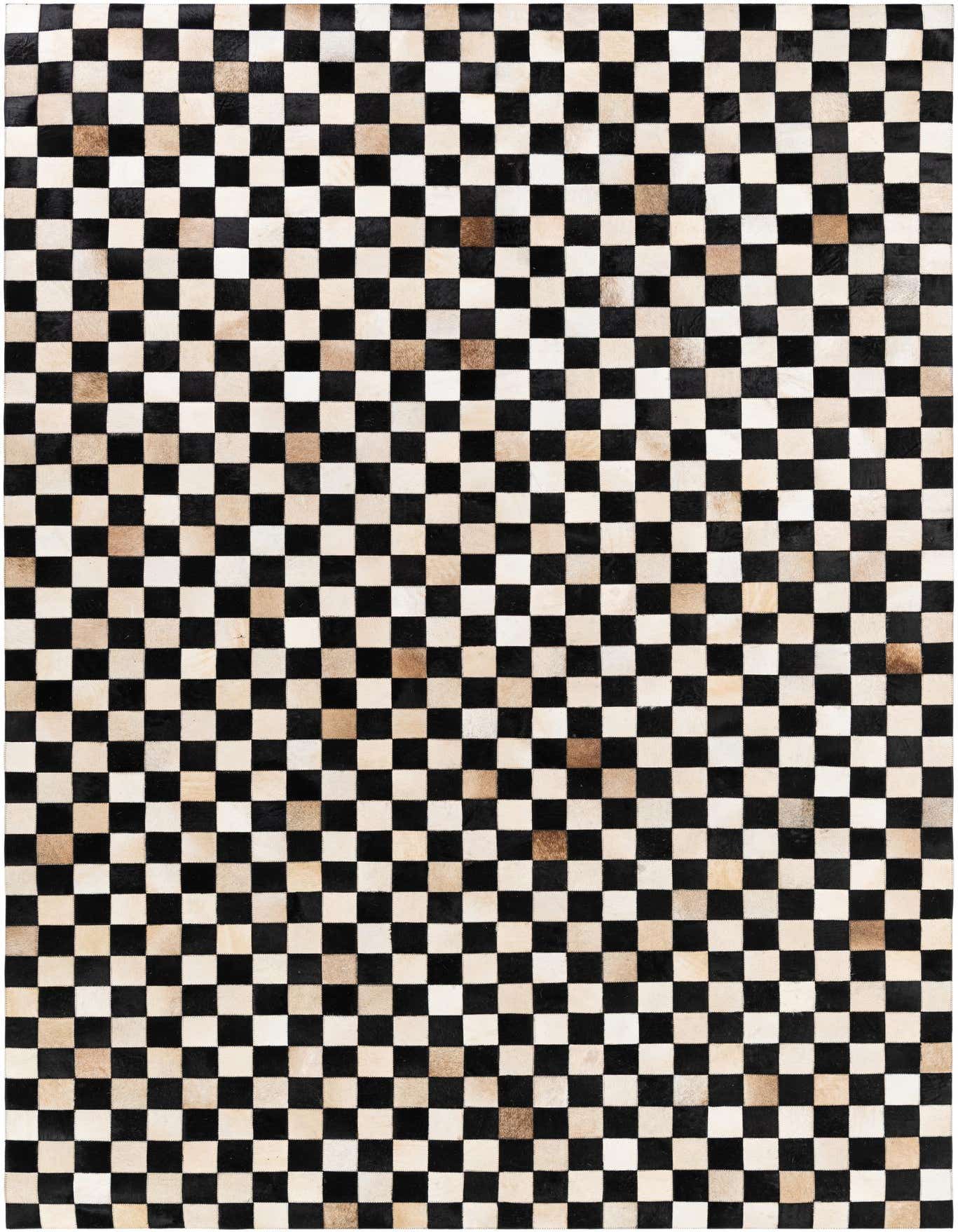 A 7x10 rectangular Cowhide Stocks rug from Rugs.com featuring a modern checkerboard pattern in black, white, and natural brown cowhide patches.