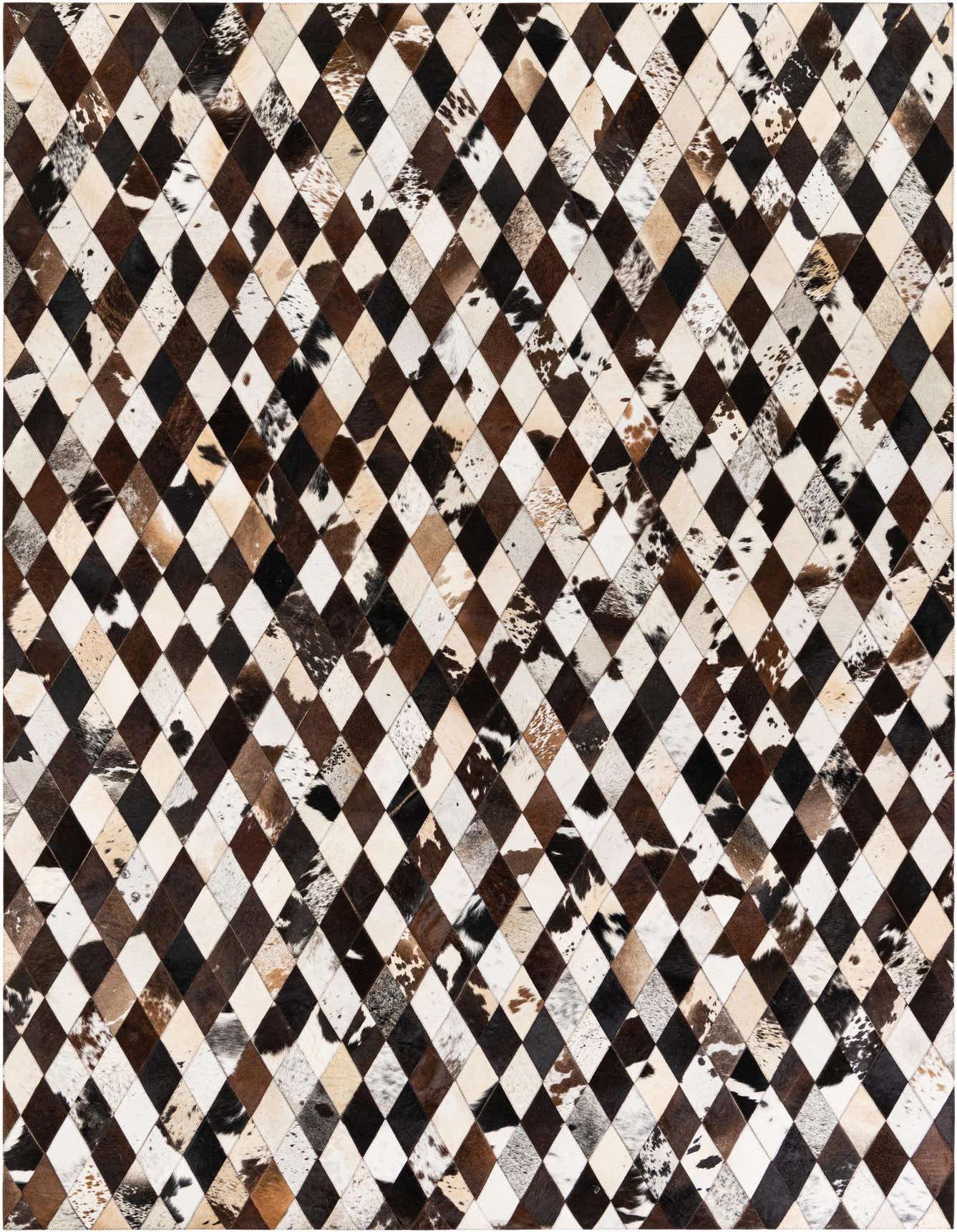 A 7x10 rectangular Cowhide Stocks rug featuring a modern harlequin pattern of multi-colored cowhide and leather diamond patches in various natural shades.