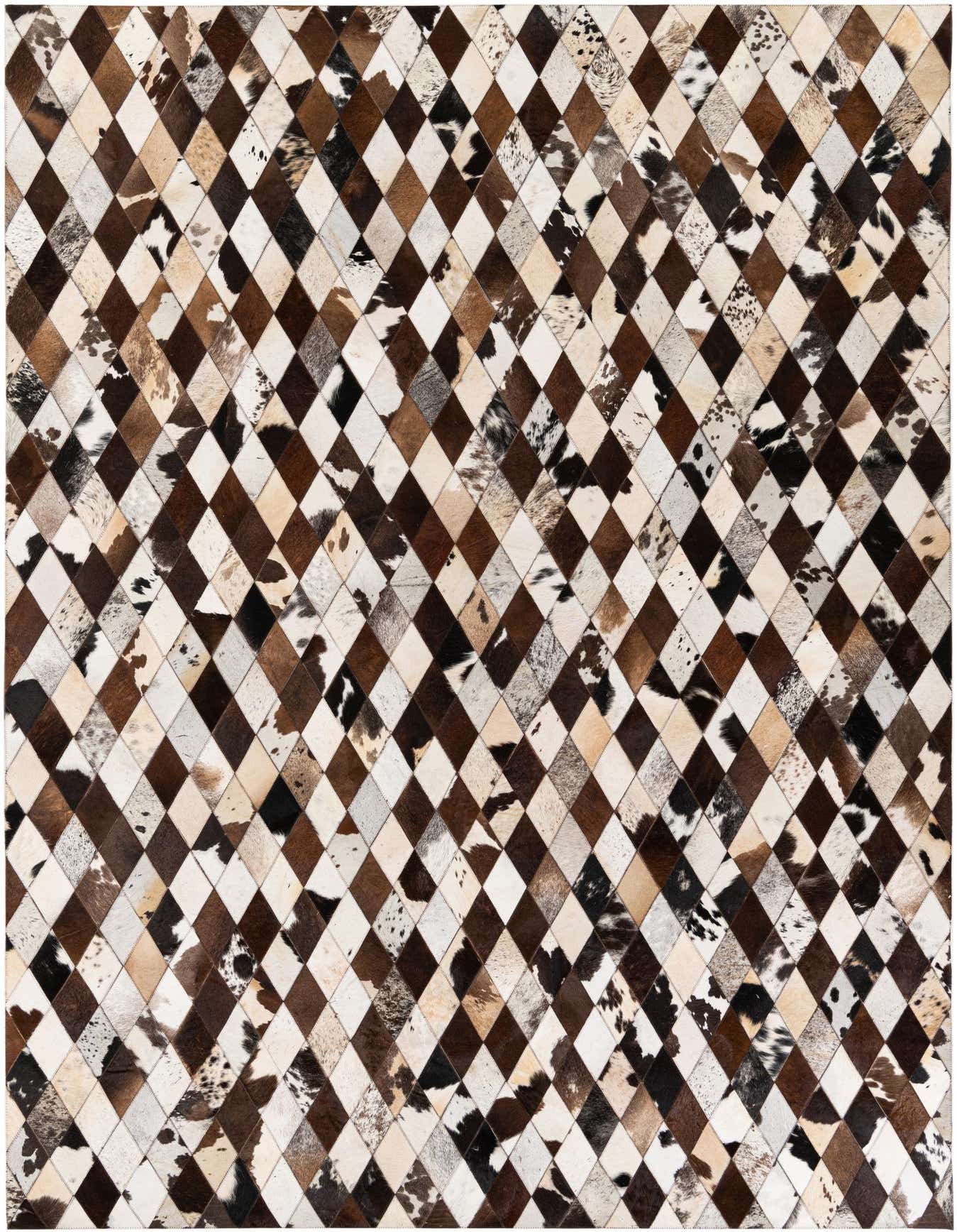 A 7x10 rectangular Cowhide Stocks rug featuring a modern diamond pattern in multi-colored natural cowhide and leather patches.