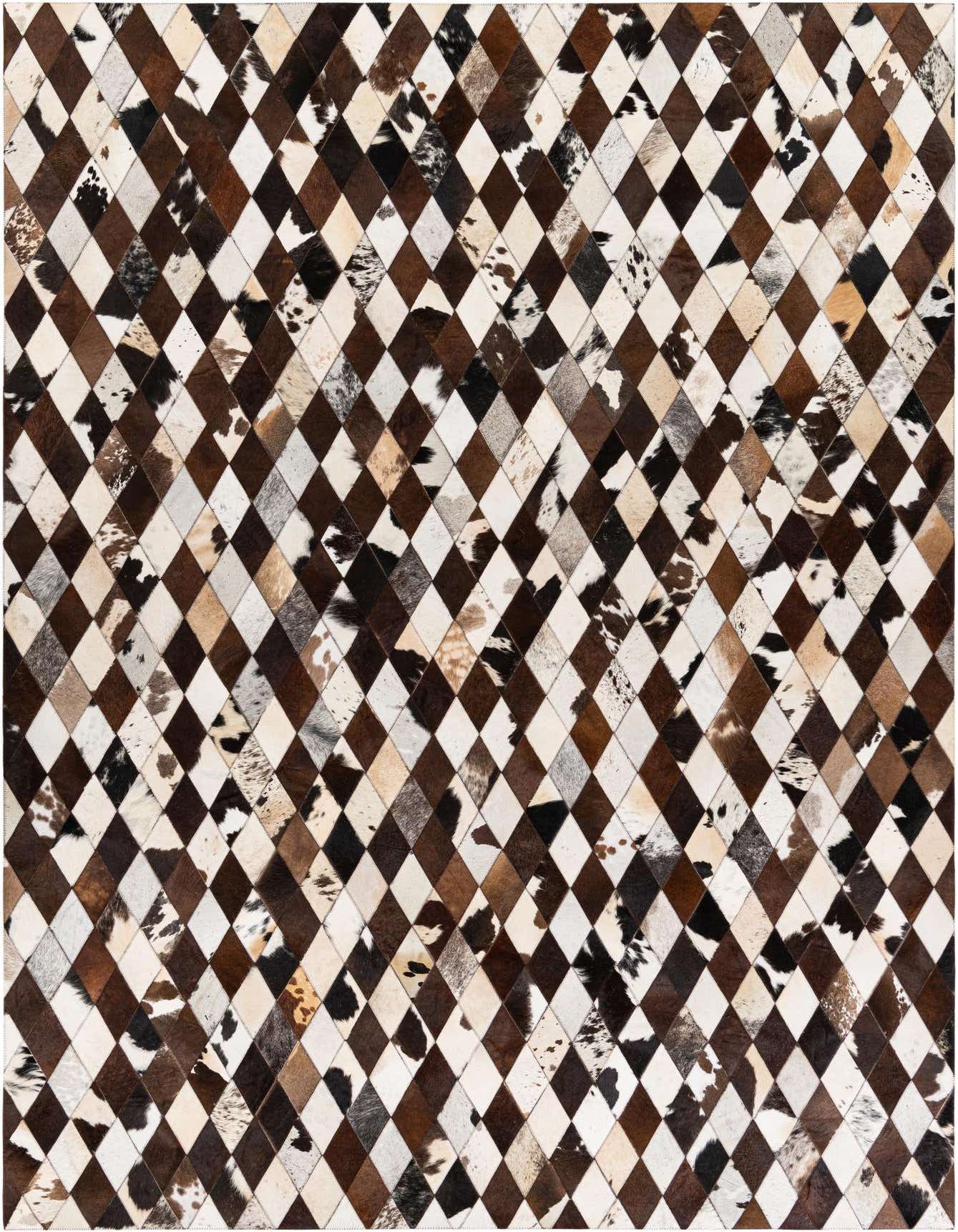 A 7x10 rectangular modern cowhide rug featuring a multi-colored diamond pattern in shades of brown, white, and black.