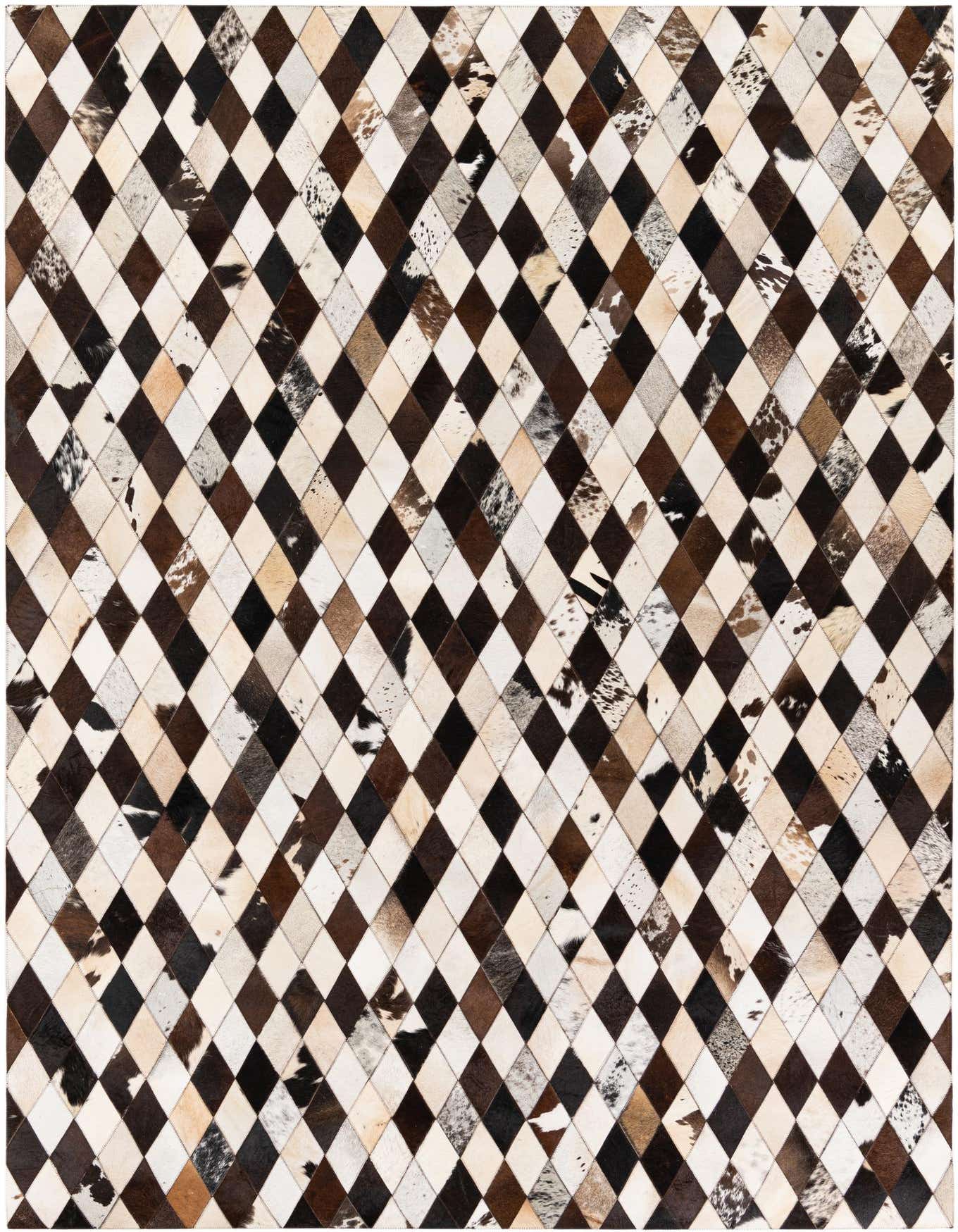 A 7x10 rectangular multi-colored cowhide rug featuring a modern diamond pattern in various shades of brown, black, and white.