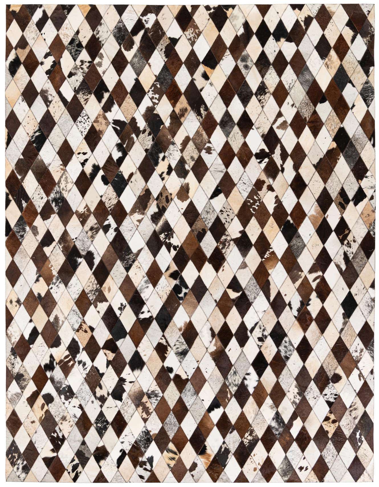 A 7x10 rectangular multi-colored cowhide rug with a modern diamond patchwork pattern, ideal for a living room or bedroom.