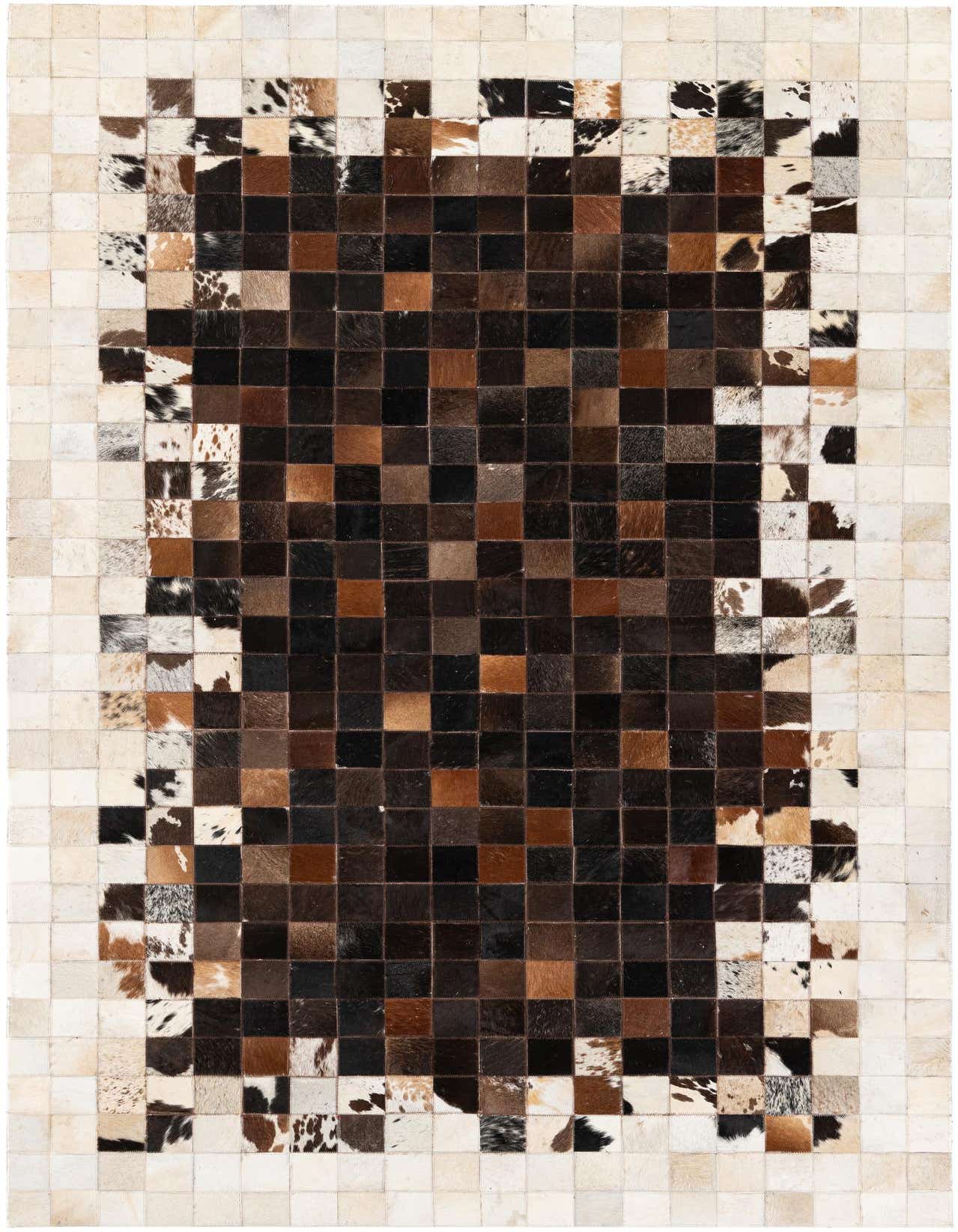 A rectangular 5x8 multi-colored modern cowhide rug with a checkerboard pattern, featuring squares of dark brown, black, tan, and white cowhide patches.