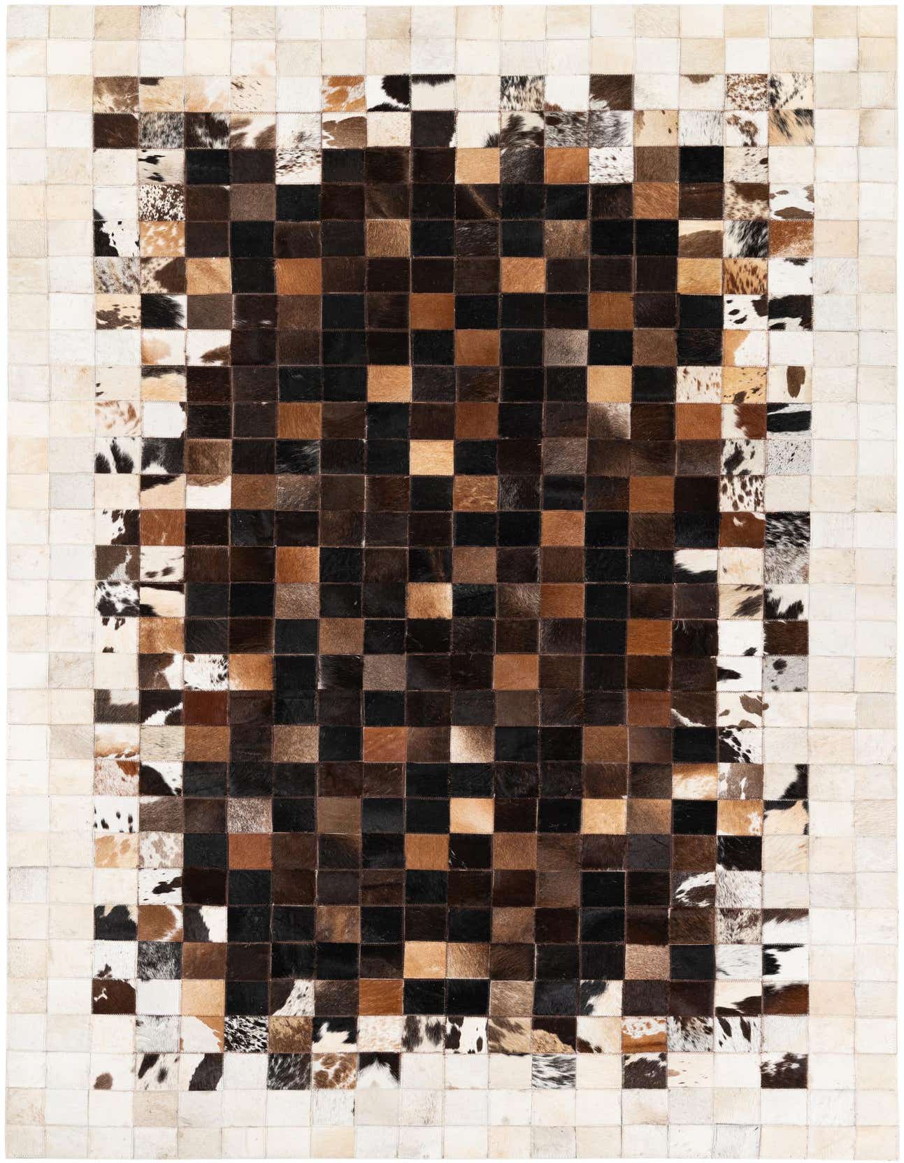 A 5x8 rectangular Cowhide Stocks rug featuring a modern multi-colored checkerboard pattern with brown, black, and white squares, ideal for a living room.