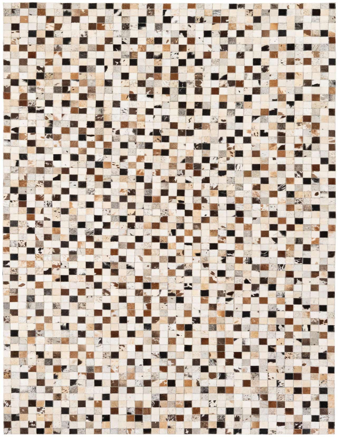 A 5x8 rectangular cowhide rug featuring a modern patchwork of multi-colored squares in shades of brown, black, and cream.