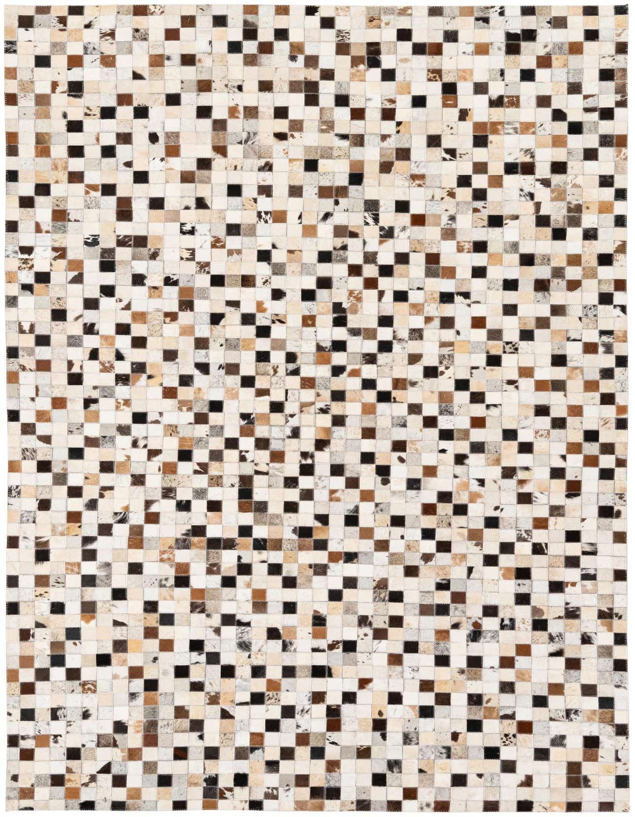 A 5x8 rectangular, multi-colored modern cowhide rug with a patchwork square pattern, ideal for a living room.