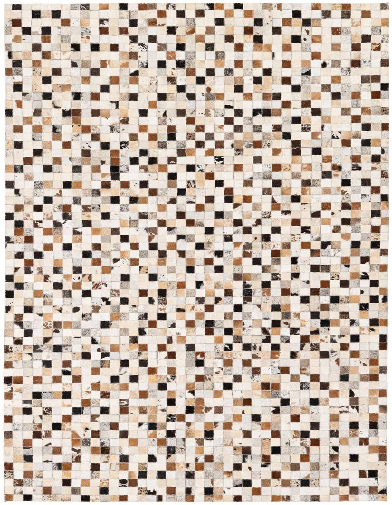 A 5x8 rectangular Cowhide Stocks rug featuring a modern patchwork of multi-colored cowhide squares in shades of brown, black, and white.