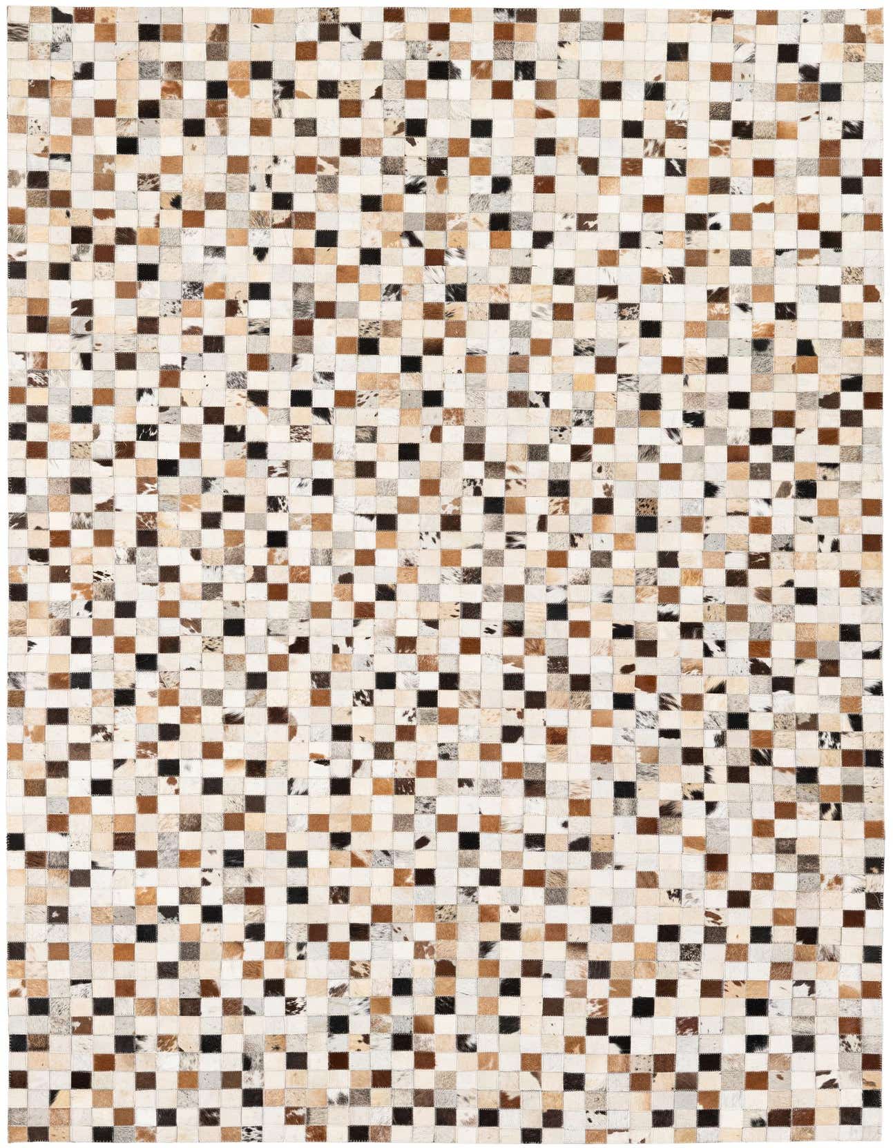 A rectangular 5x8 modern multi-colored cowhide rug with a patchwork design of small squares in varying natural tones.