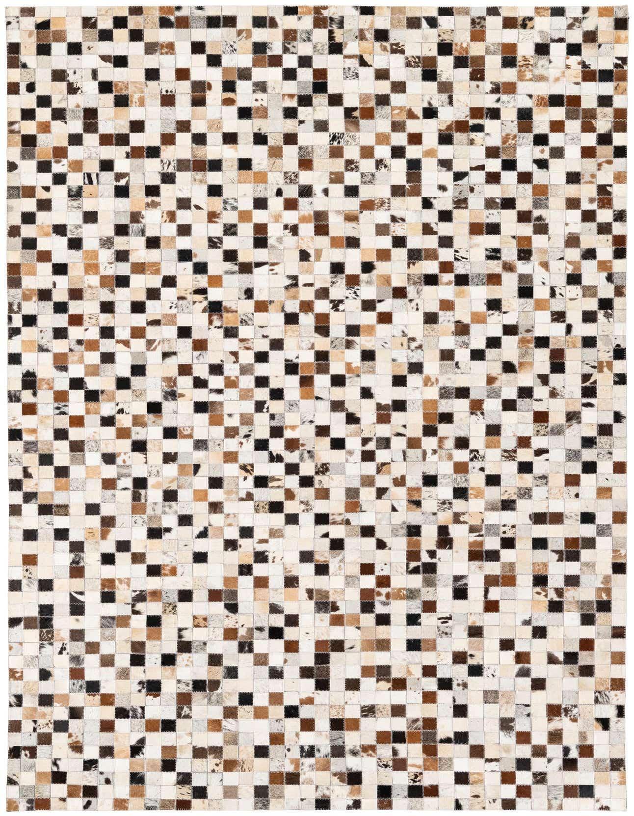 A 5x8 rectangular modern cowhide rug featuring a multi-colored patchwork of brown, black, and white squares, ideal for a living room.