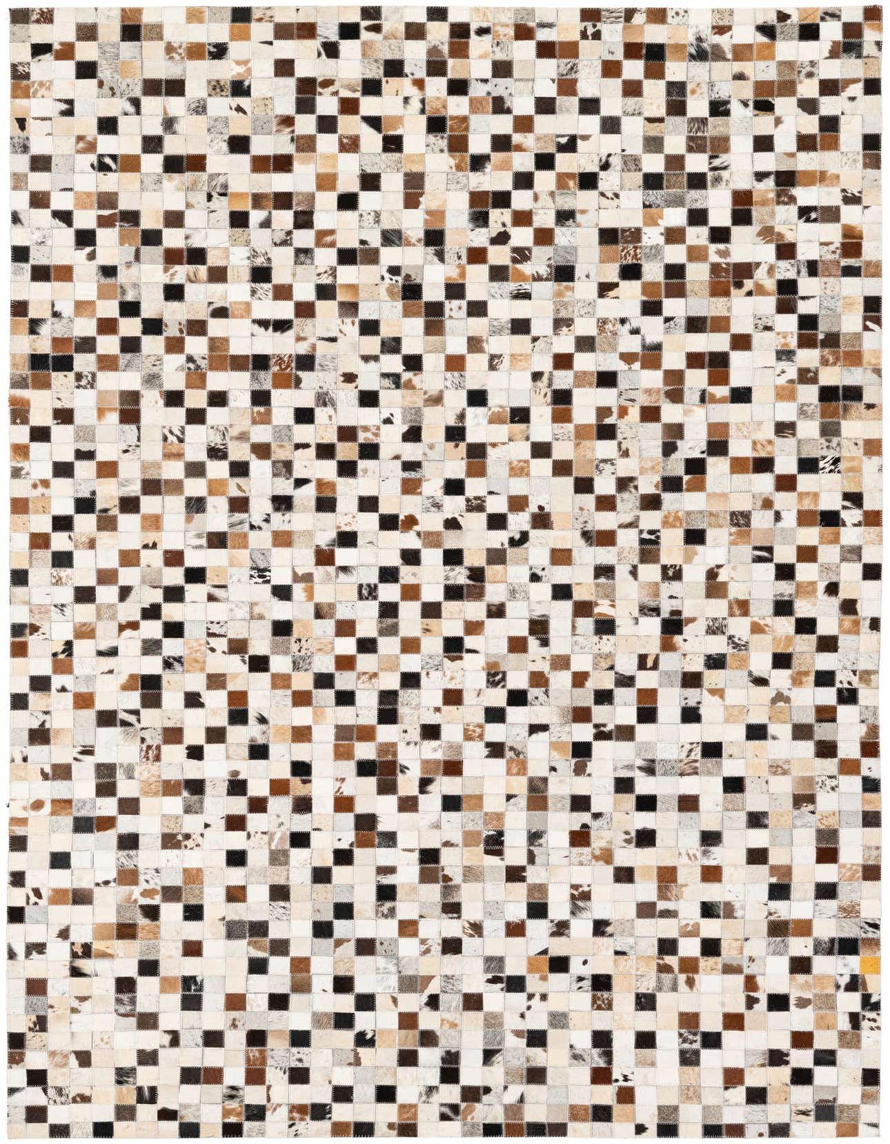 A rectangular 5x8 modern cowhide rug featuring a multi-colored checkerboard pattern in shades of brown, black, and white.