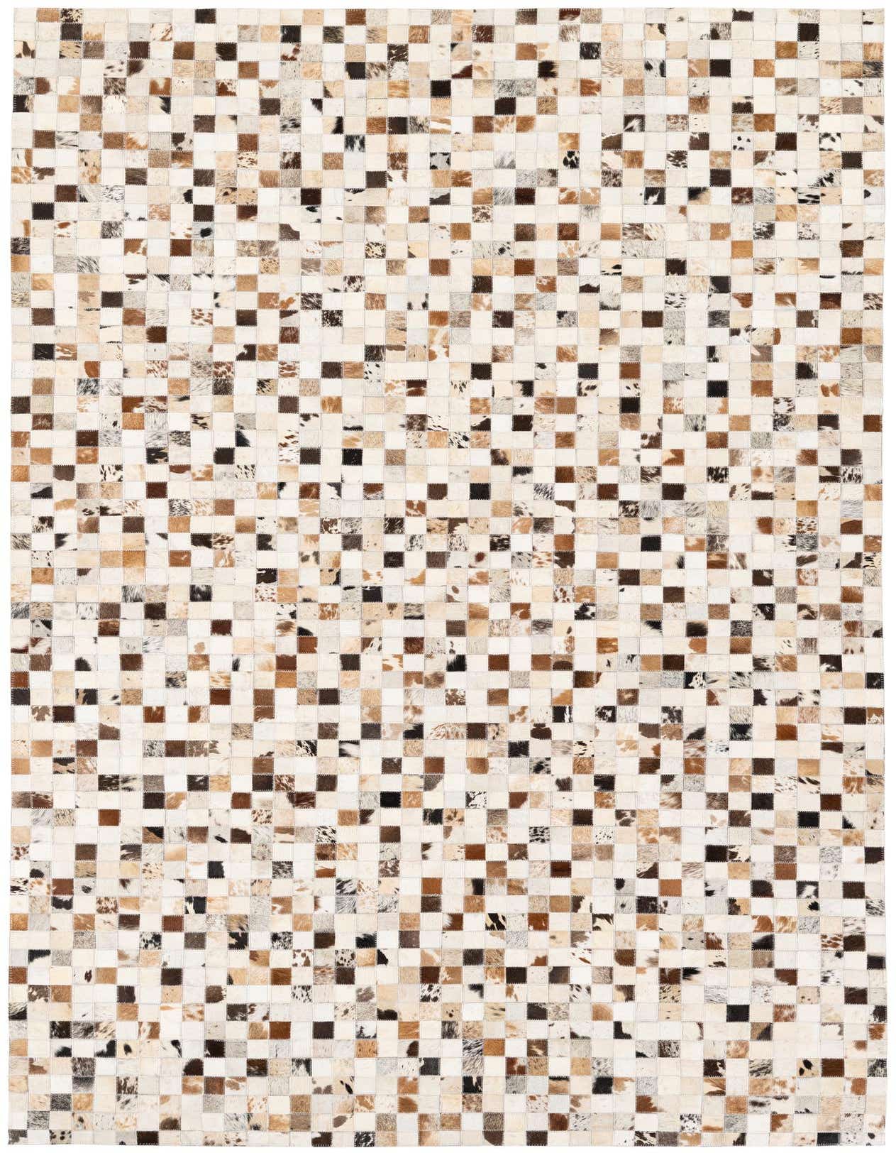 A 5x8 rectangular, multi-colored cowhide rug featuring a modern patchwork of natural brown, black, and white squares.