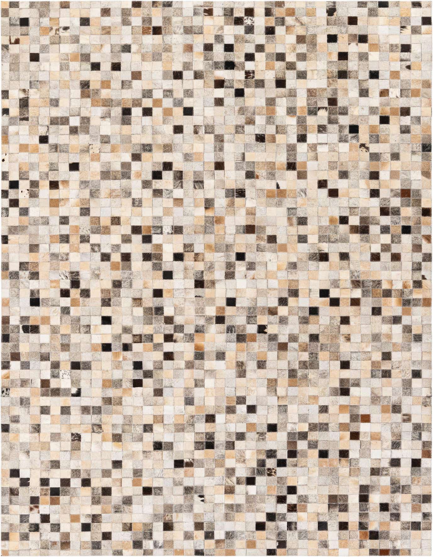 A rectangular 5x8 modern area rug made from multi-colored cowhide and leather patches, perfect for a living room.