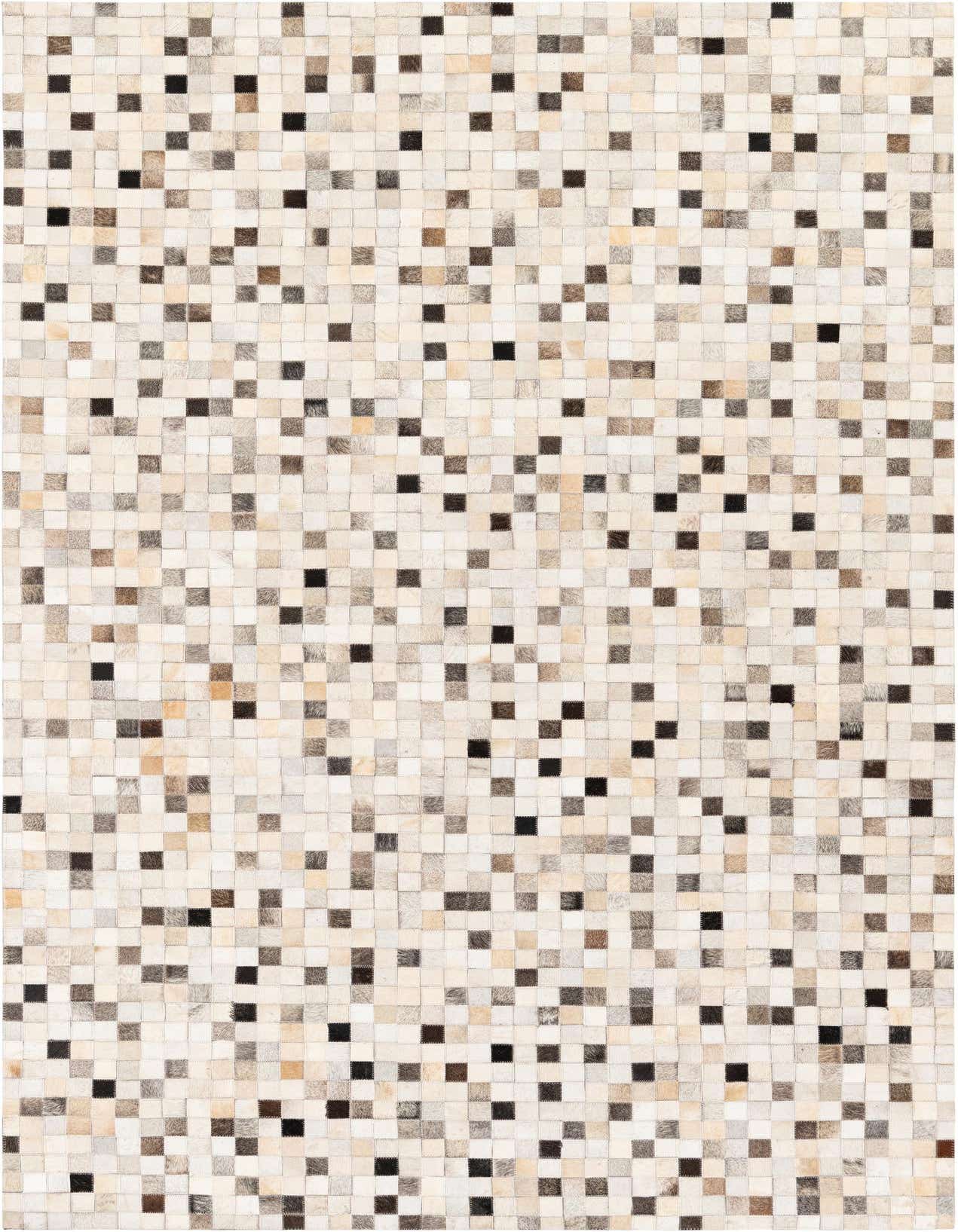 A 5x8 rectangular Cowhide Stocks rug by Rugs.com, featuring a modern patchwork of multi-colored cowhide squares in varying shades of brown, black, and cream.