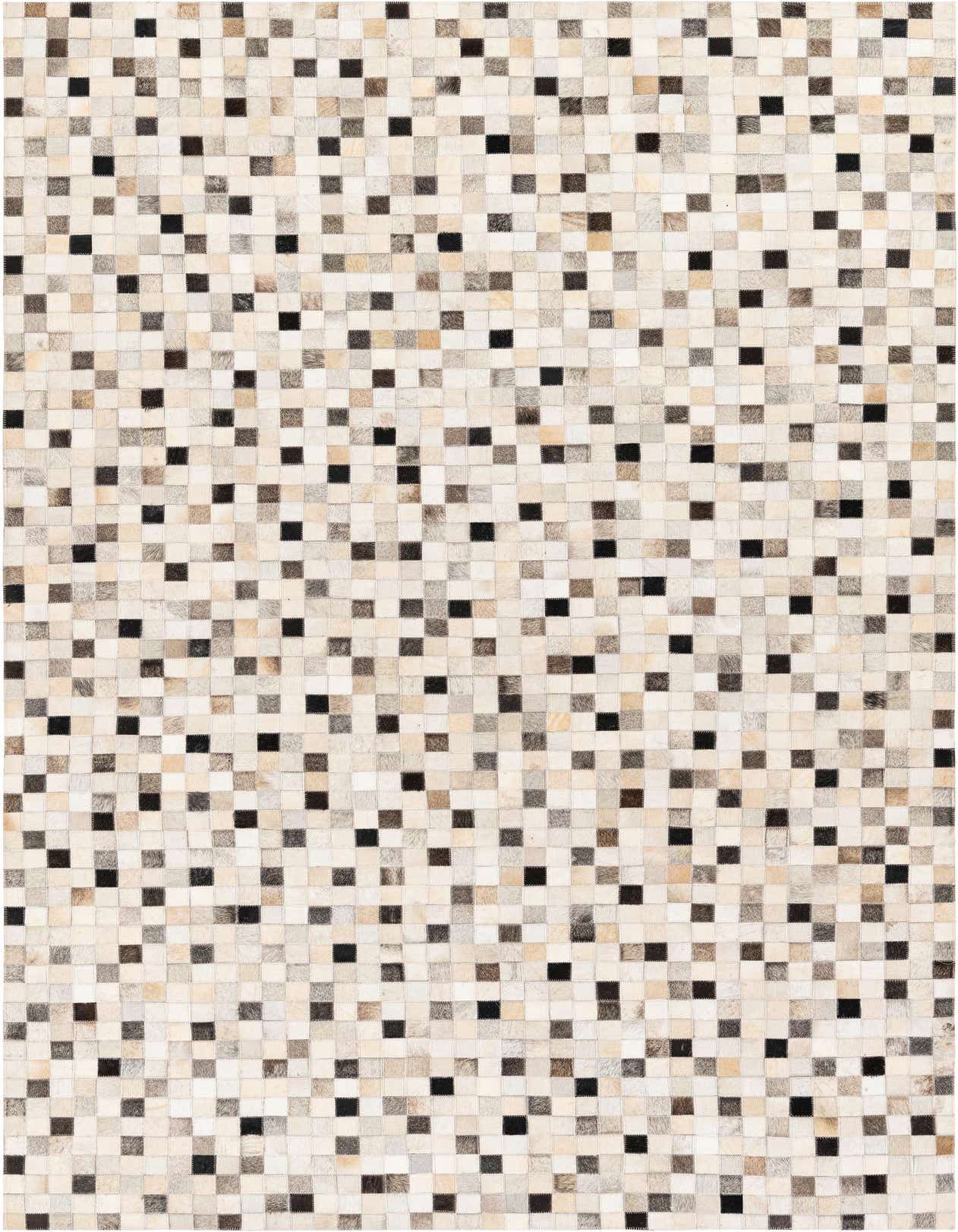 A 5x8 rectangular modern rug made from multi-colored cowhide and leather patches, featuring a mosaic of beige, brown, and black squares.