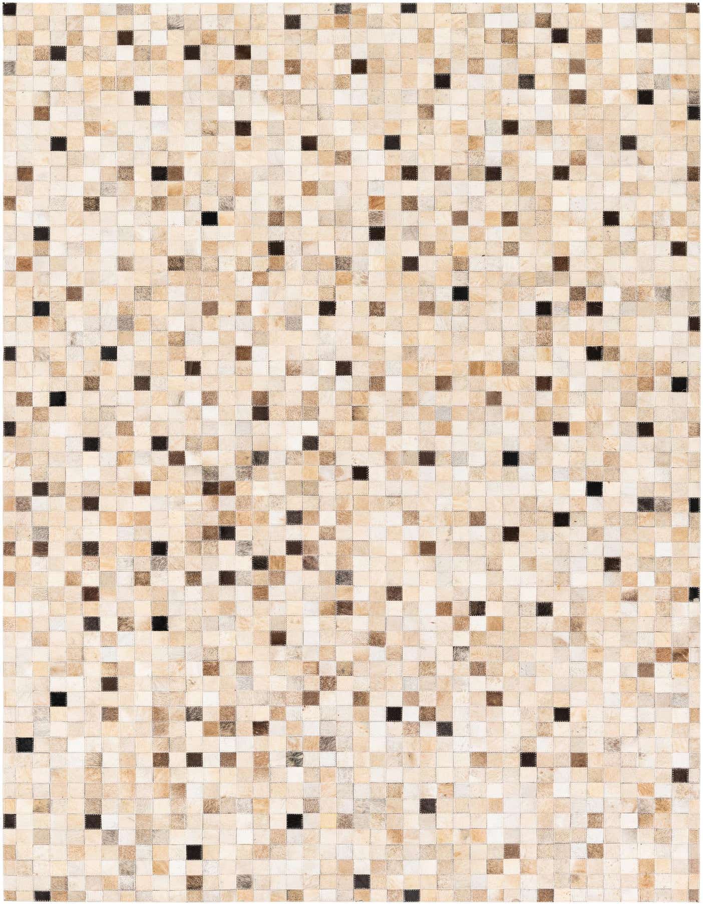 A rectangular 5x8 modern cowhide rug featuring a mosaic of multi-colored squares in varying shades of beige, brown, and cream, with scattered dark brown accents.