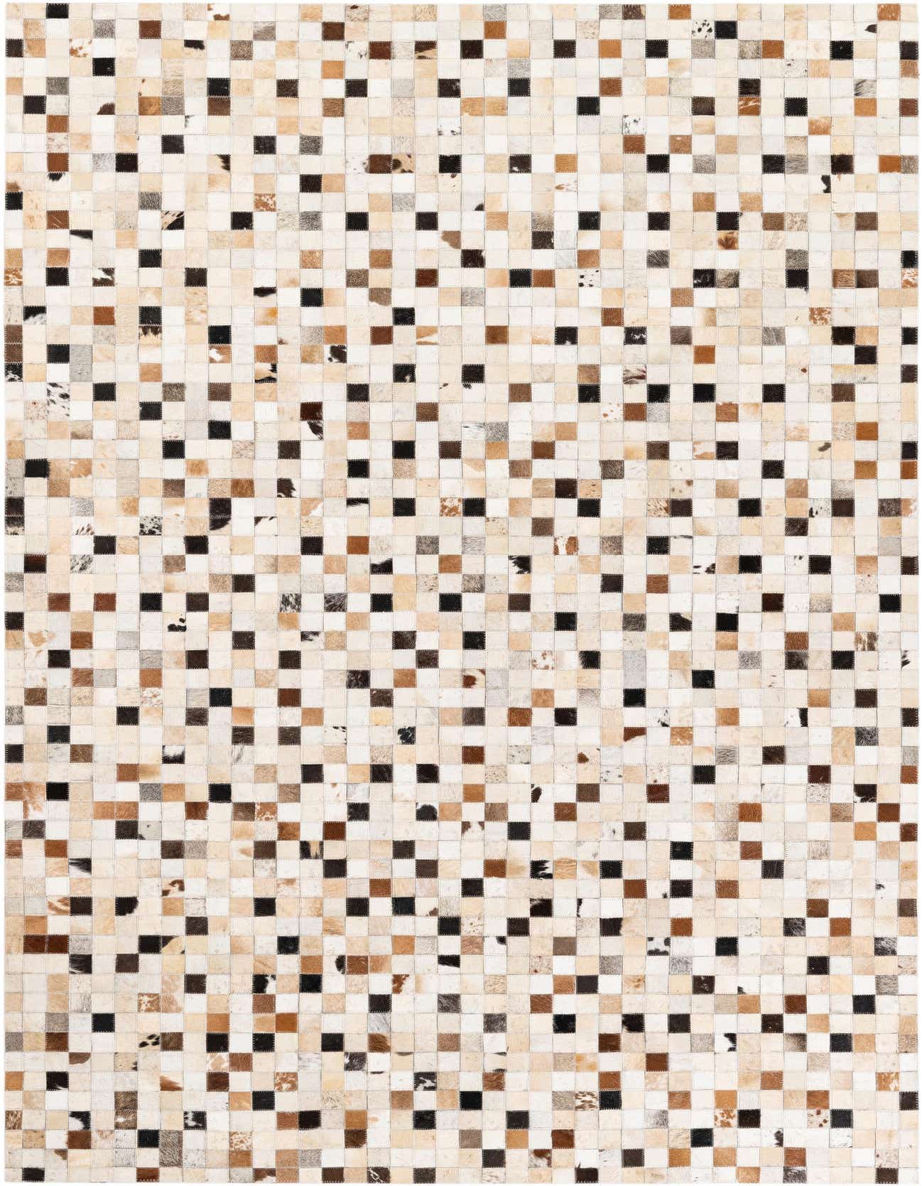 A rectangular 5x8 modern area rug made from multi-colored cowhide and leather patches, perfect for a living room.
