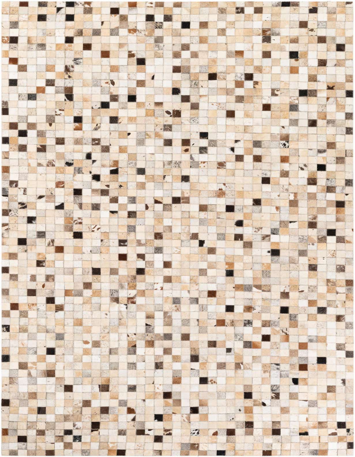 A 5x8 rectangular Cowhide Stocks rug by Rugs.com, featuring a modern patchwork of multi-colored cowhide squares in various natural tones.