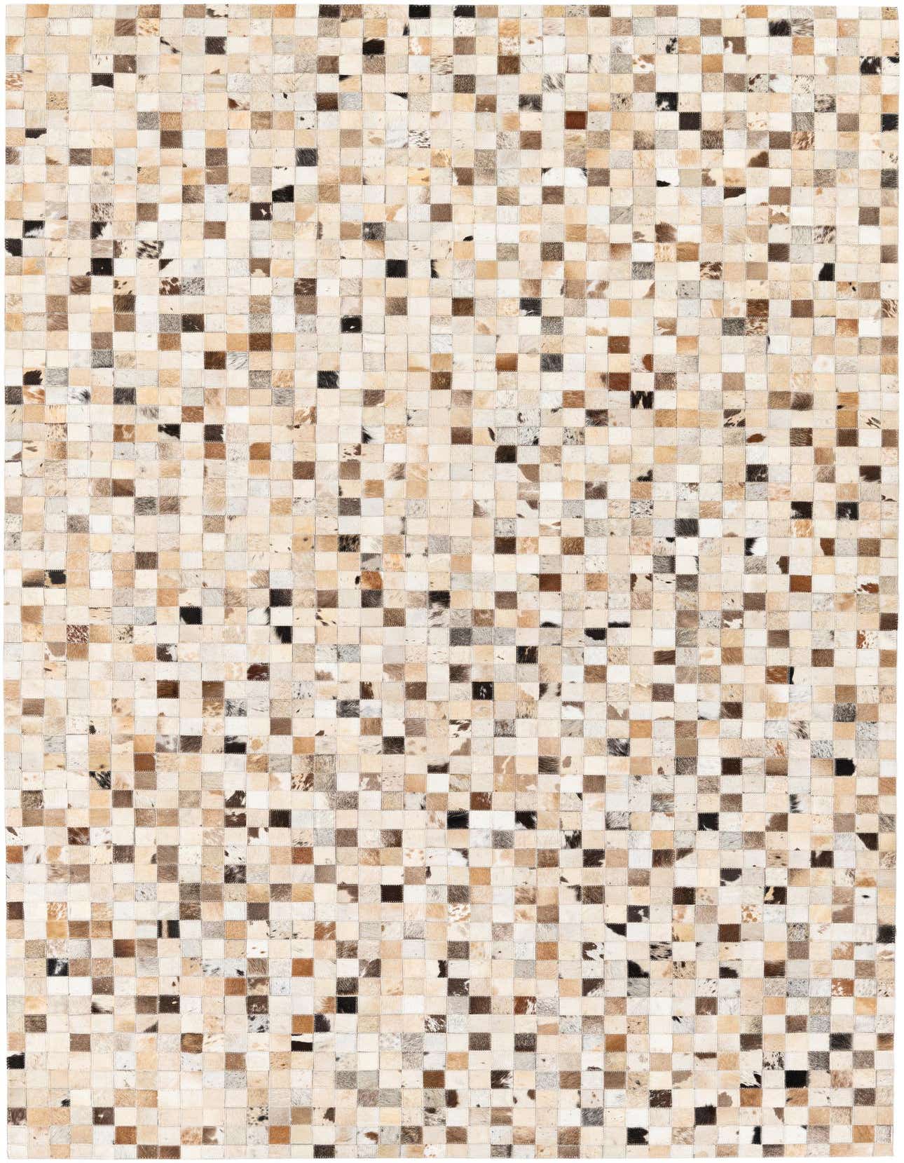 A 5x8 rectangular Cowhide Stocks rug featuring a patchwork geometric pattern in varied multi-colored natural cowhide squares.