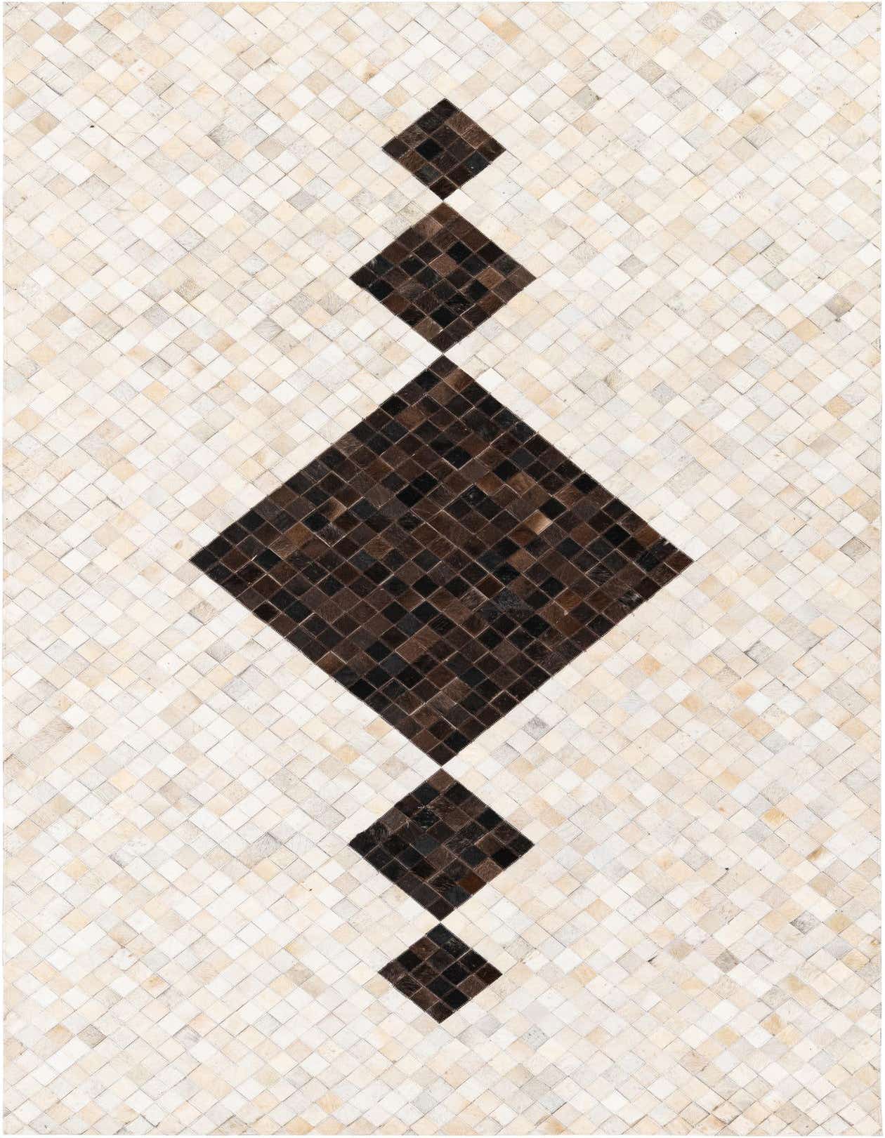 A 5x8 rectangular Cowhide Stocks rug featuring a modern pattern of multi-colored squares with a central column of dark diamond shapes.