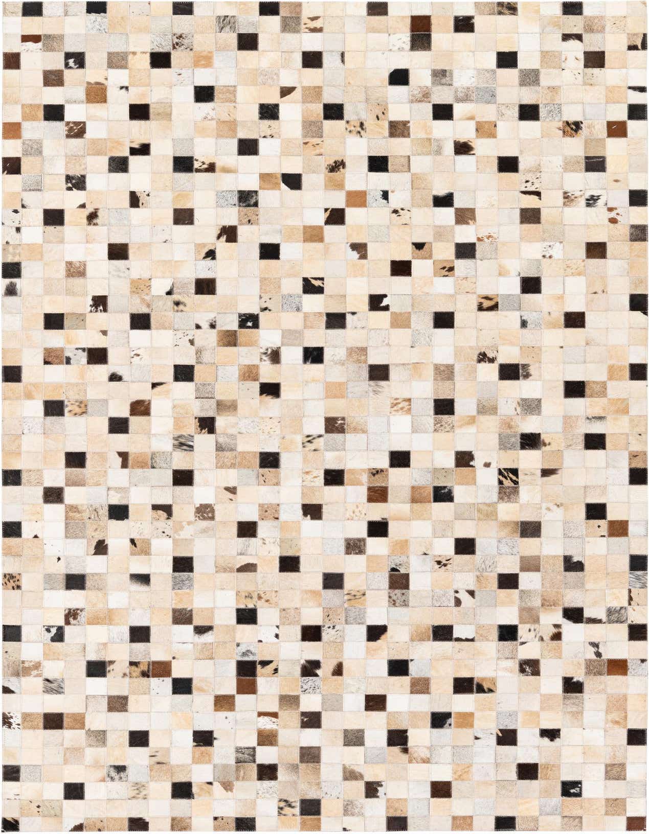A 5x8 rectangular Cowhide Stocks rug featuring a modern patchwork of multi-colored cowhide squares in various shades of brown, beige, cream, and black.