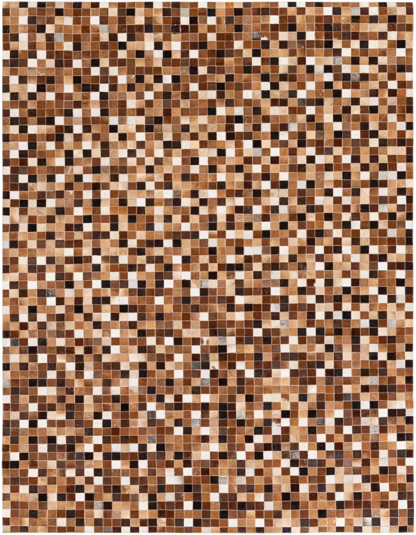 A rectangular 5x8 modern cowhide rug featuring a mosaic pattern of multi-colored squares in various shades of brown, black, and white.