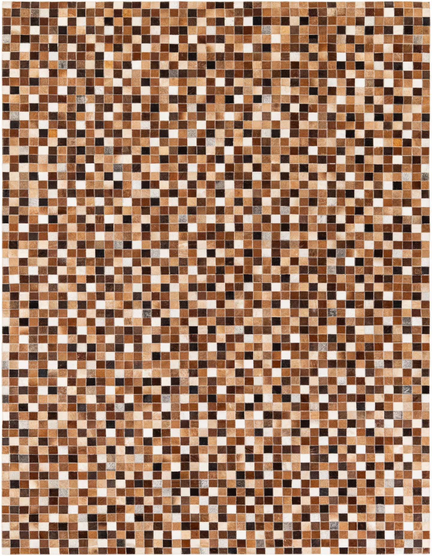 A 5x8 rectangular Cowhide Stocks rug featuring a modern mosaic pattern of multi-colored cowhide and leather squares.