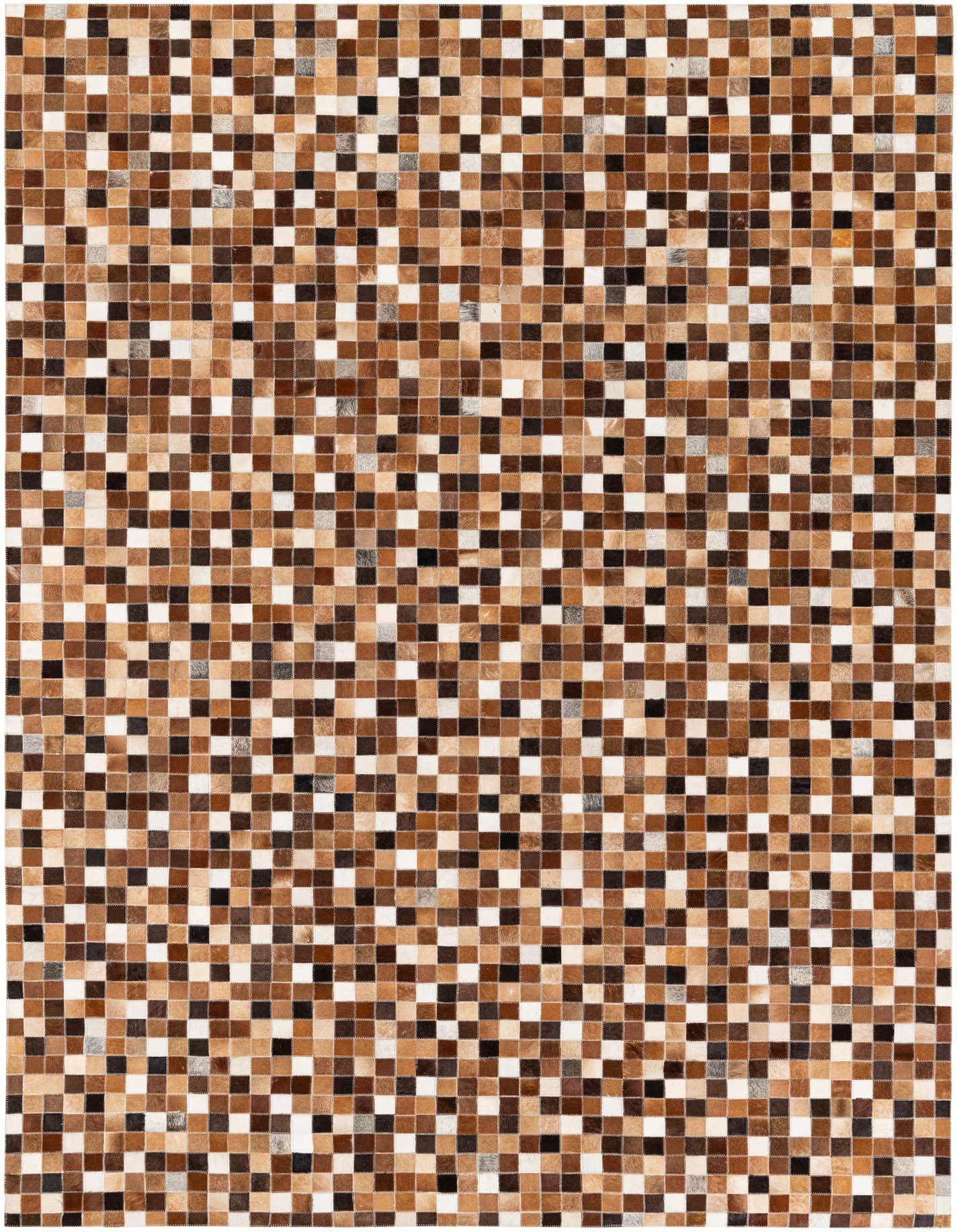 A 5x8 rectangular Cowhide Stocks rug by Rugs.com, featuring a modern patchwork of multi-colored cowhide squares in various shades of brown, black, and white.