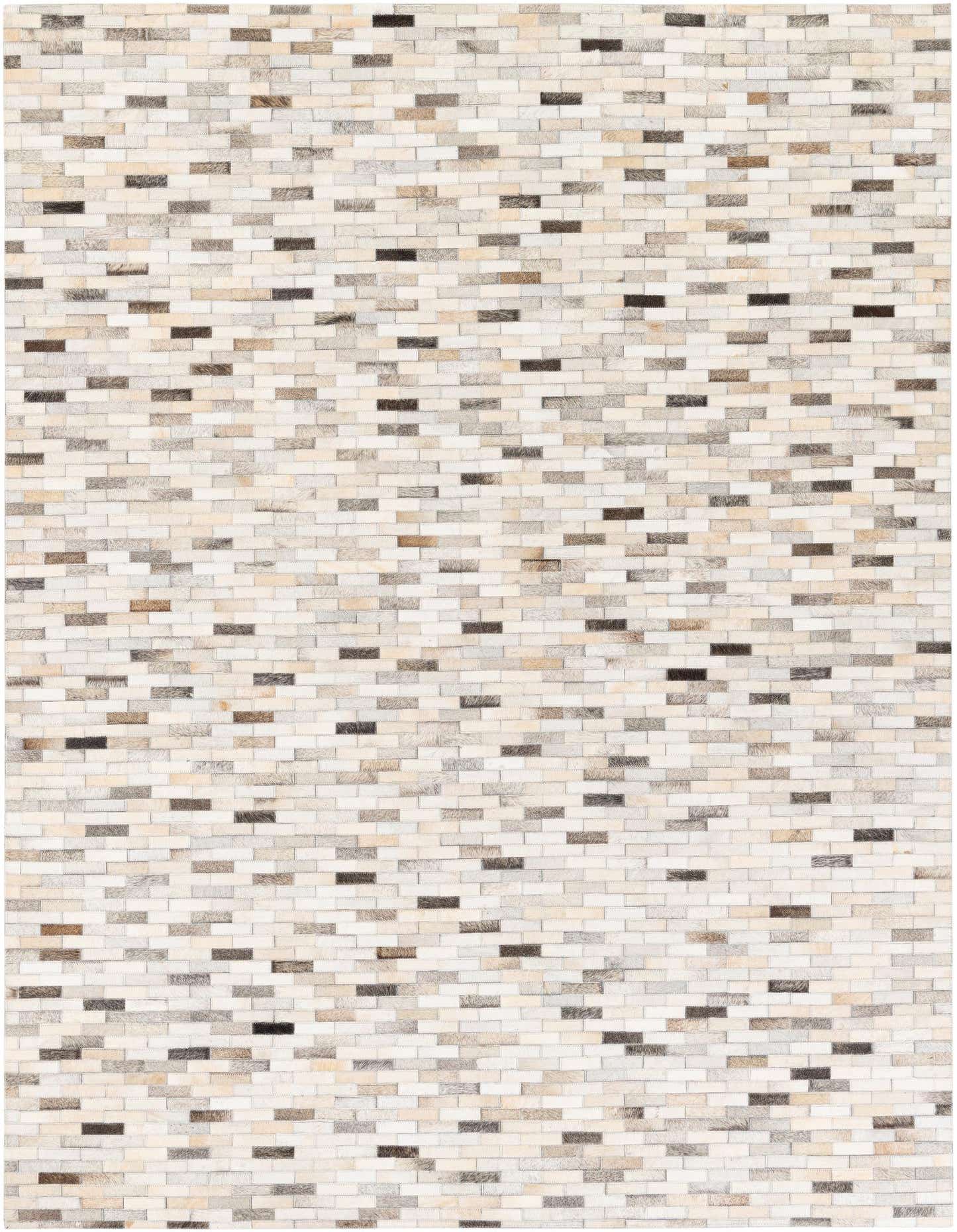 A rectangular 5x8 modern cowhide rug featuring a multi-colored brick pattern in shades of white, beige, brown, and grey.