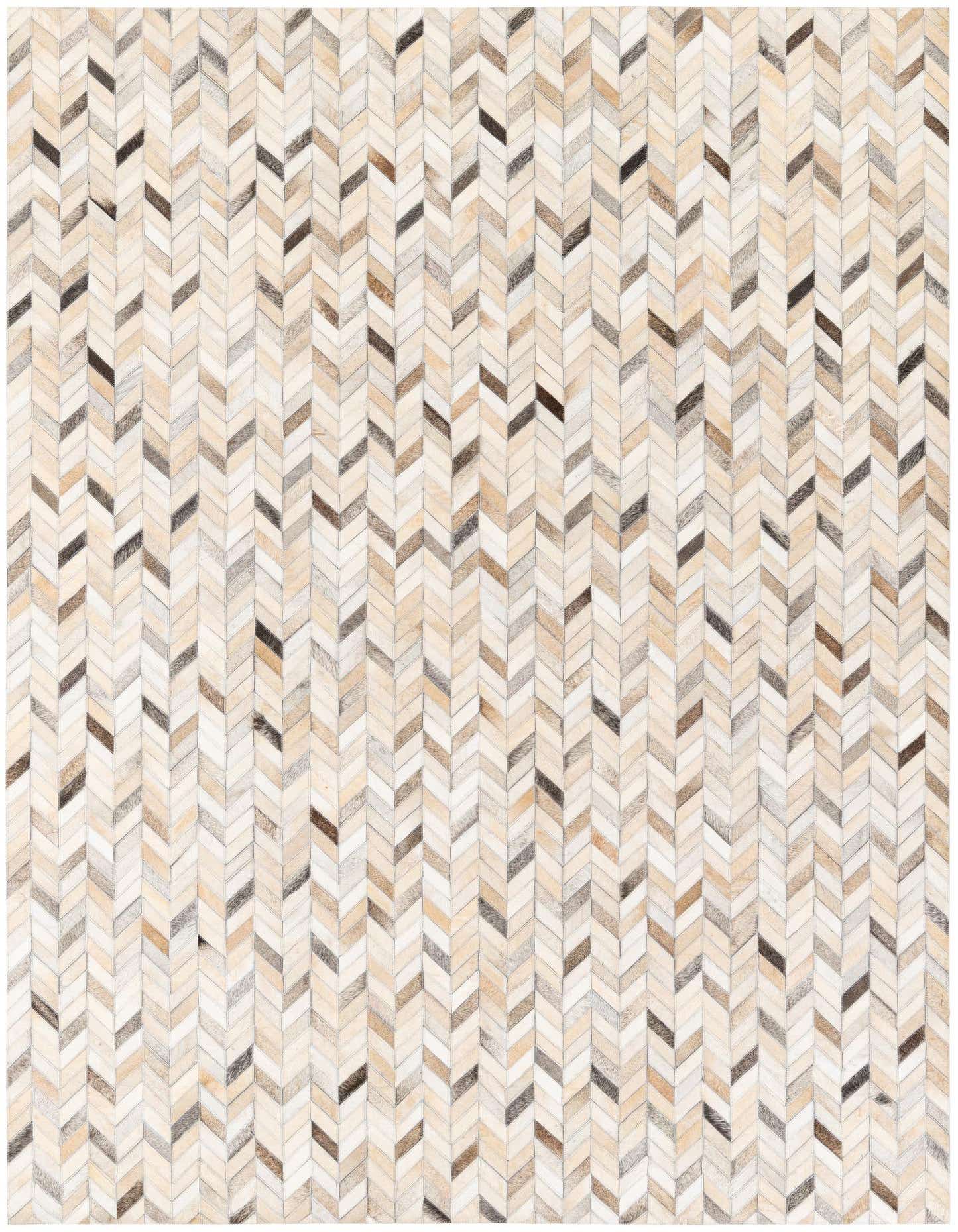 A 5x8 rectangular modern rug featuring a multi-colored chevron pattern made from cowhide and leather.