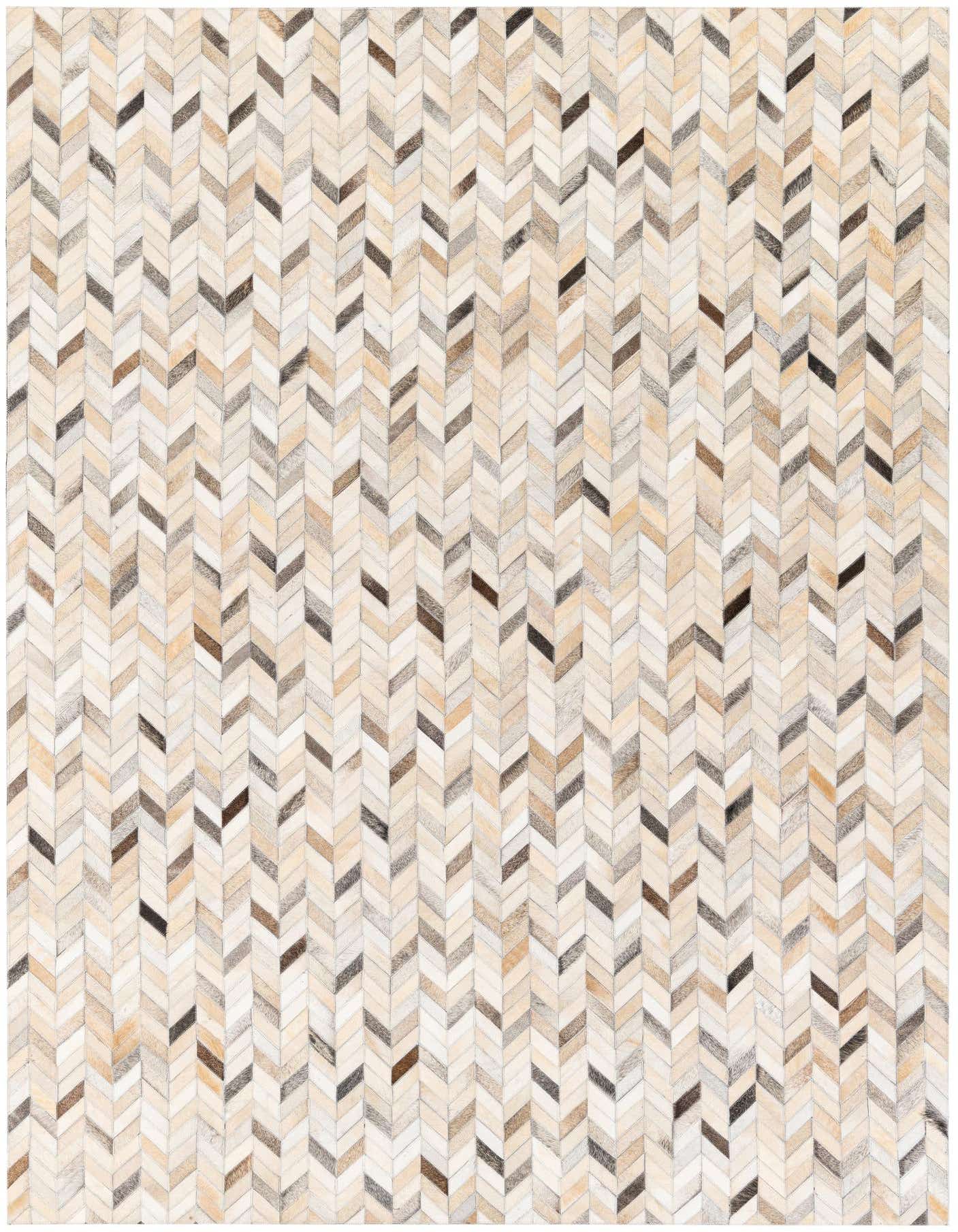 A 5x8 rectangular Cowhide Stocks rug with a modern chevron pattern in multi-colored natural cowhide and leather.
