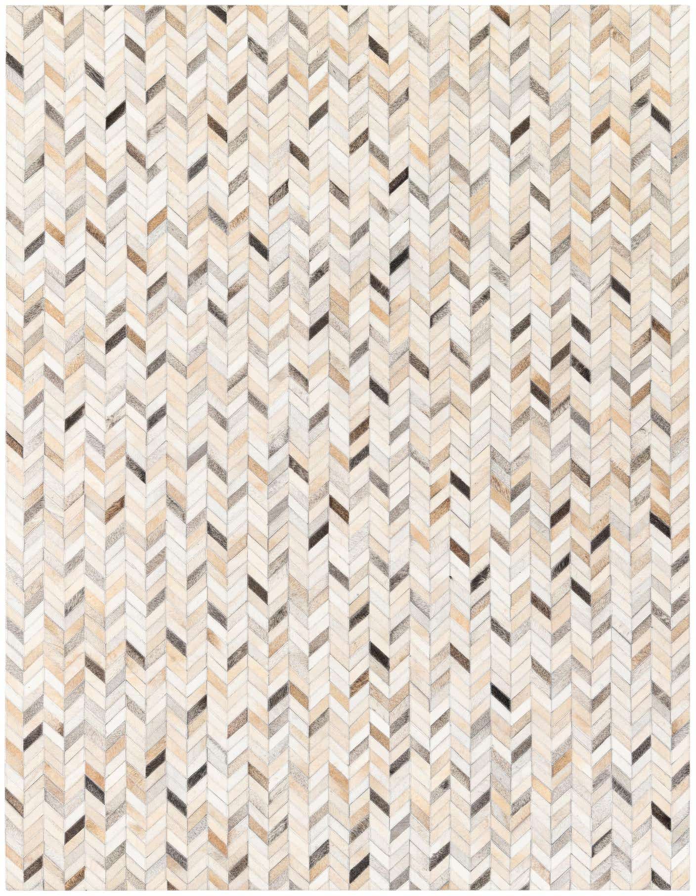 A 5x8 rectangular Cowhide Stocks rug from Rugs.com with a modern multi-colored chevron pattern, ideal for a living room or bedroom.