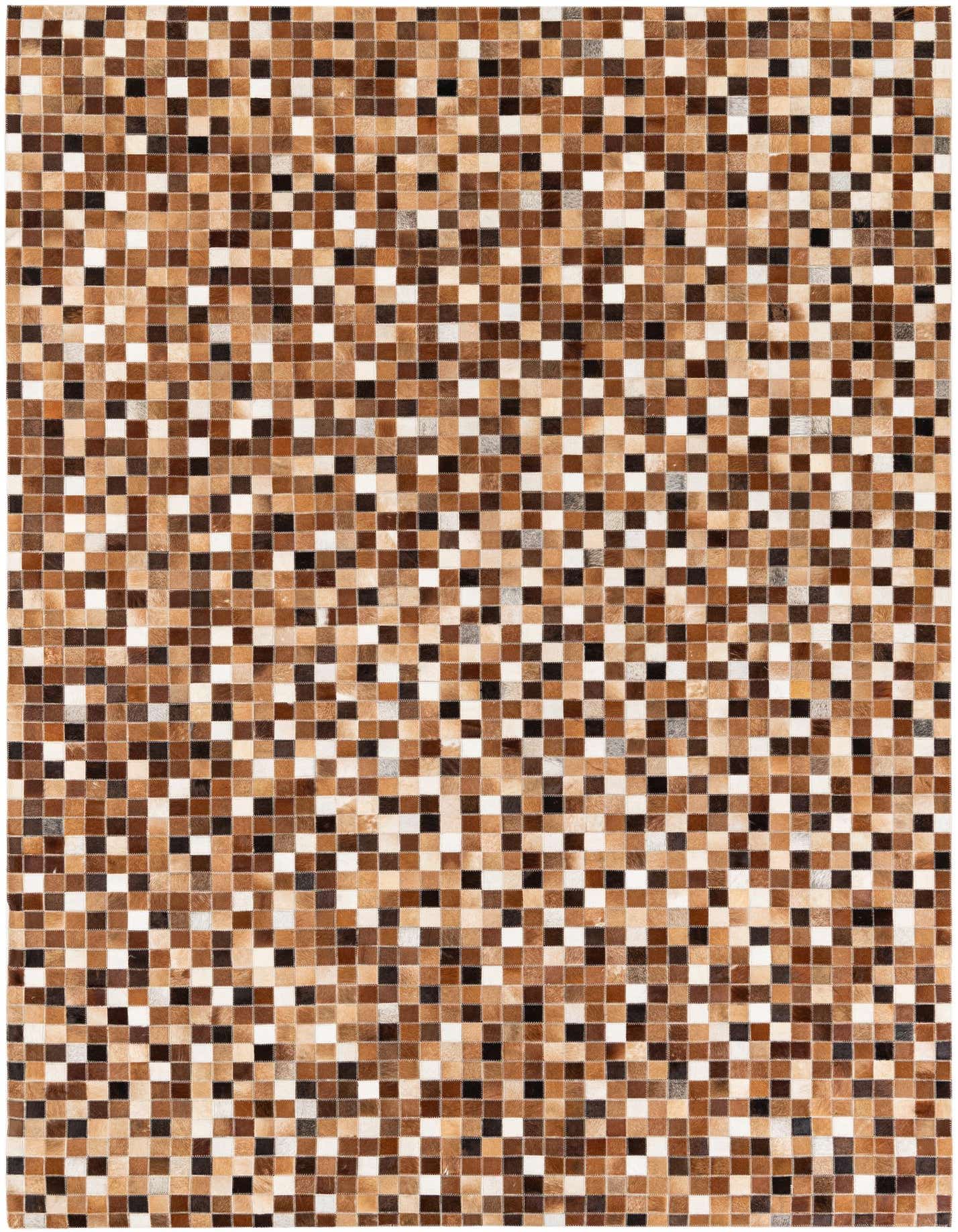 A 5x8 rectangular Cowhide Stocks rug featuring a modern mosaic pattern of multi-colored cowhide and leather squares.