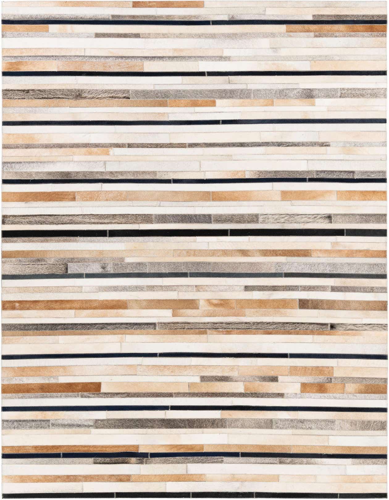 A 5x8 rectangular Cowhide Stocks rug featuring horizontal strips of multi-colored cowhide and leather in varying shades of brown, beige, cream, grey, and black.