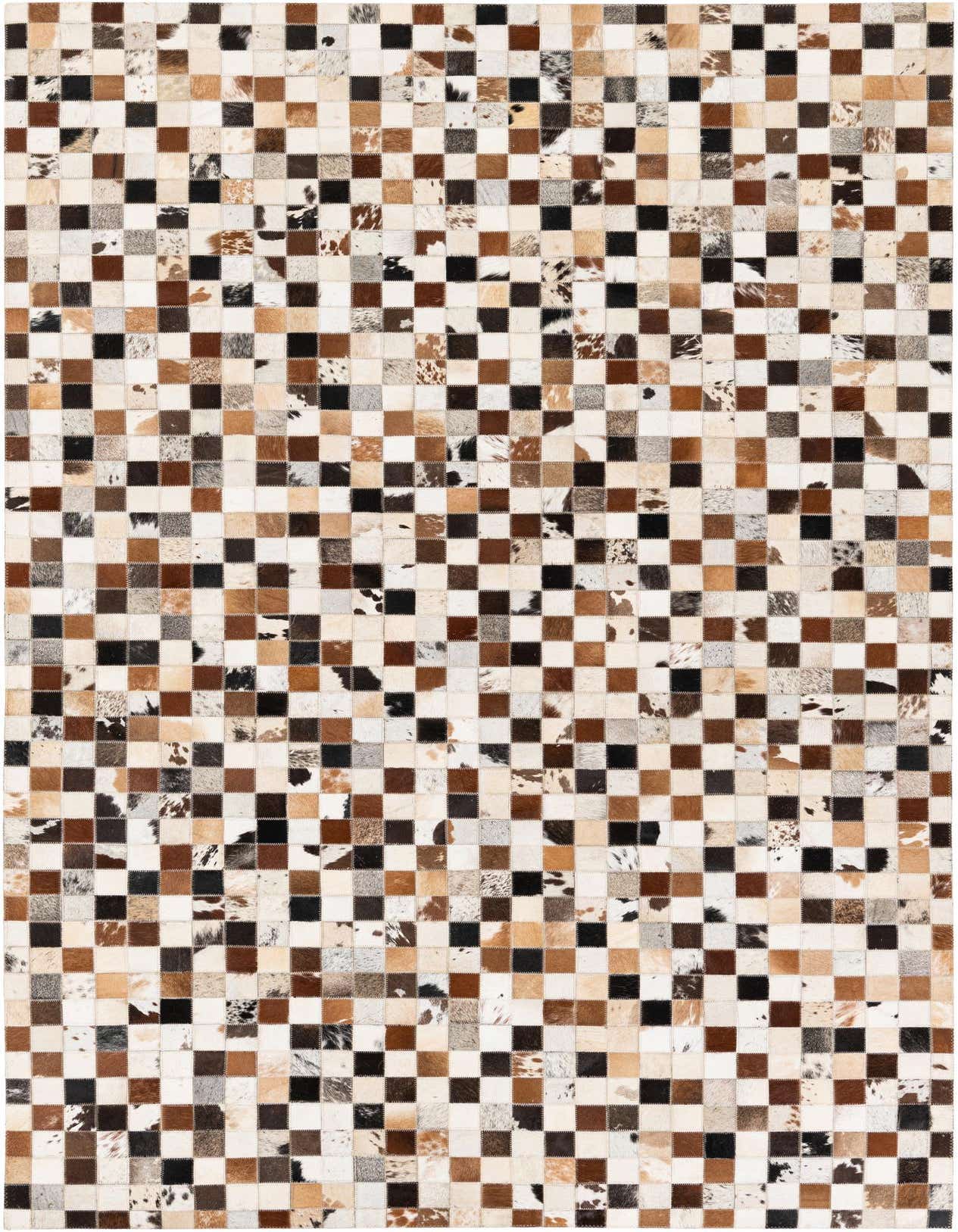 A rectangular 5x8 modern cowhide rug with a multi-colored checkered pattern in shades of brown, black, and white.