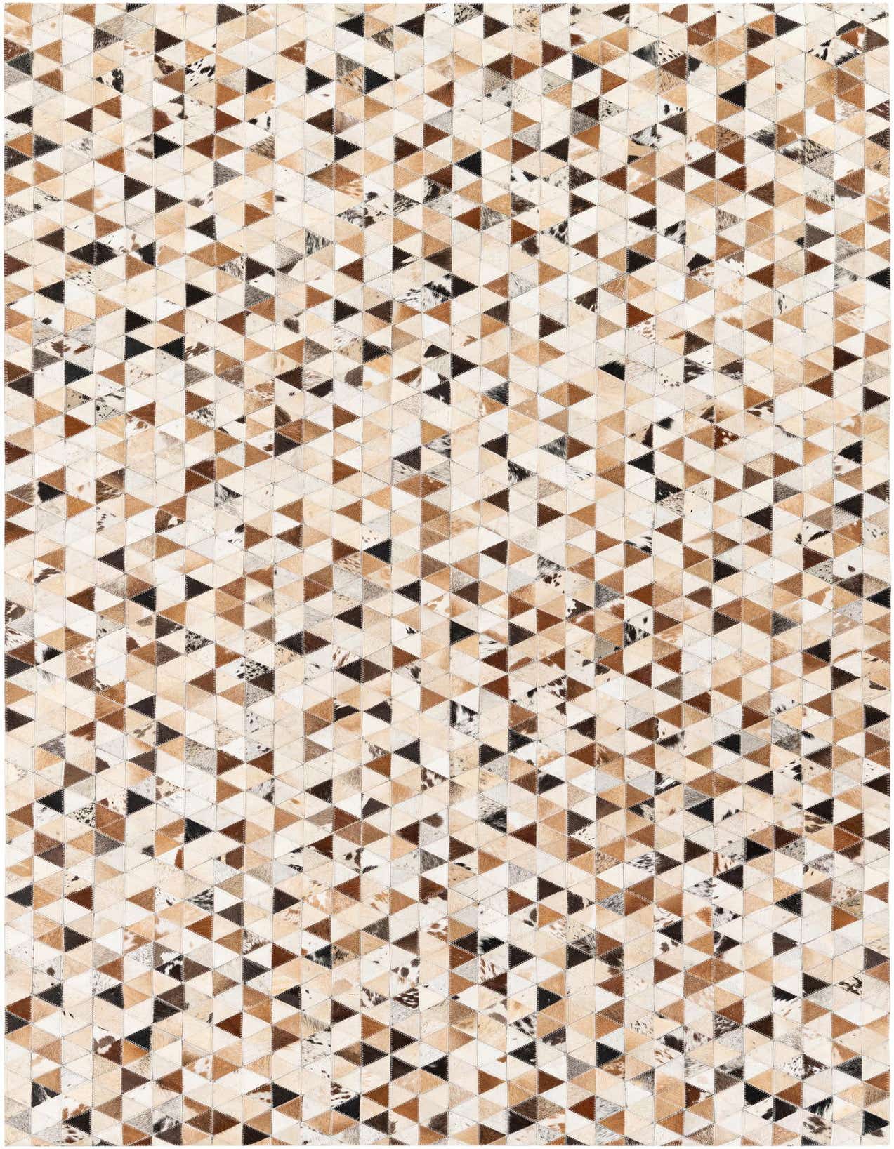 A 5x8 rectangular Cowhide Stocks rug featuring a modern geometric pattern of multi-colored cowhide and leather triangles.