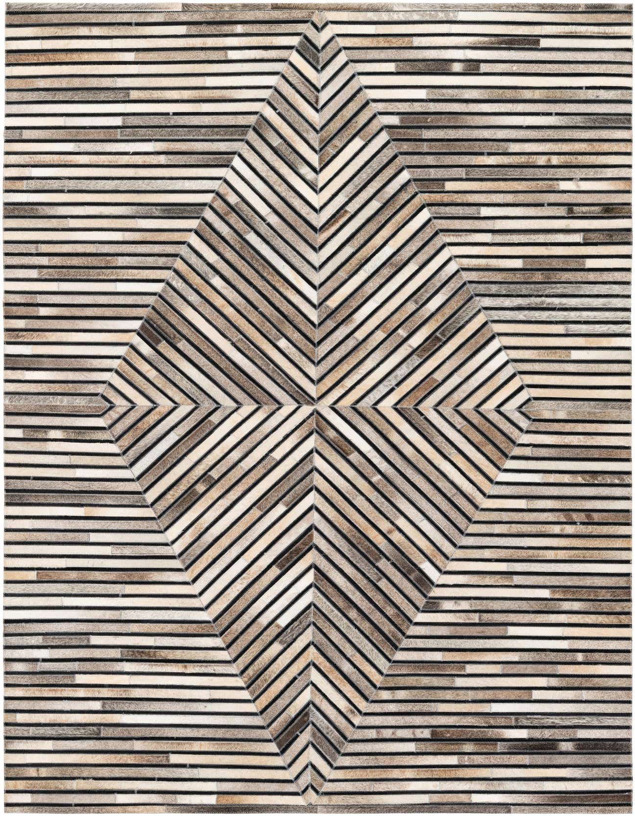 A 5x8 rectangular Cowhide Stocks rug featuring a modern multi-colored geometric pattern with horizontal and diagonal stripes.