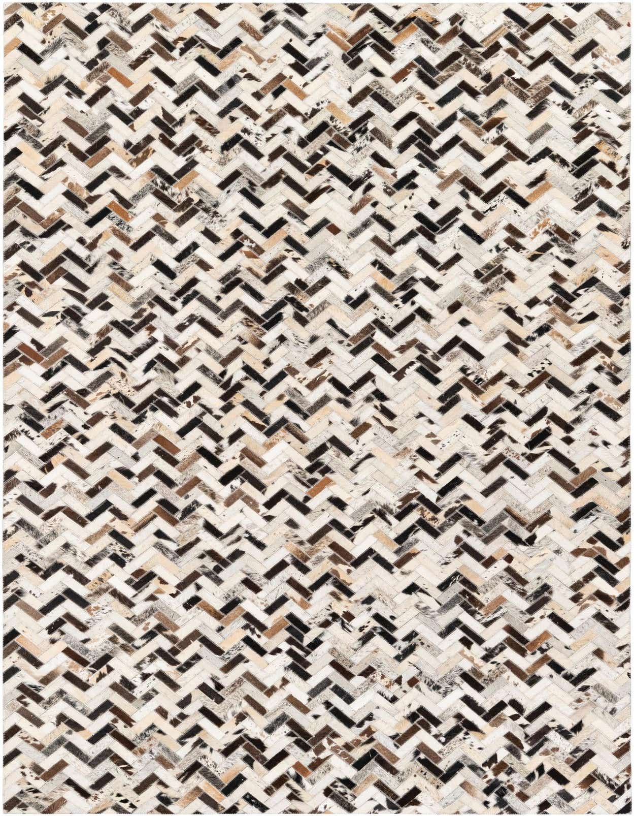 A 5x8 rectangular Cowhide Stocks rug in a multi-colored modern chevron pattern, perfect for a living room.
