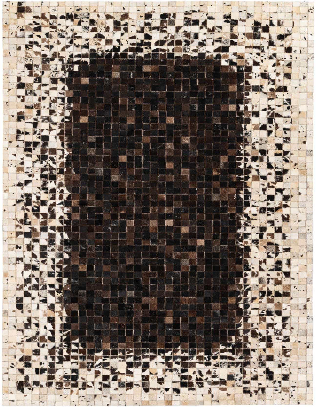 A 5x8 rectangular cowhide rug with a modern pixelated design, transitioning from dark brown in the center to light multi-colored squares at the edges.